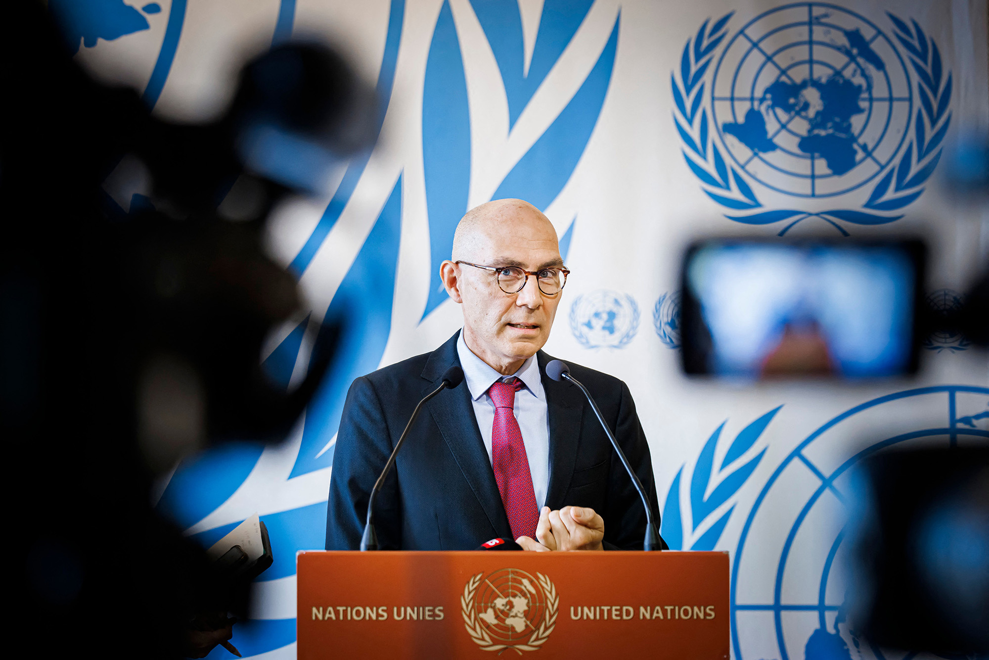 High Commissioner for Human Rights Volker Turk speaks to the press at the United Nations in Geneva, Switzerland, on November 24.