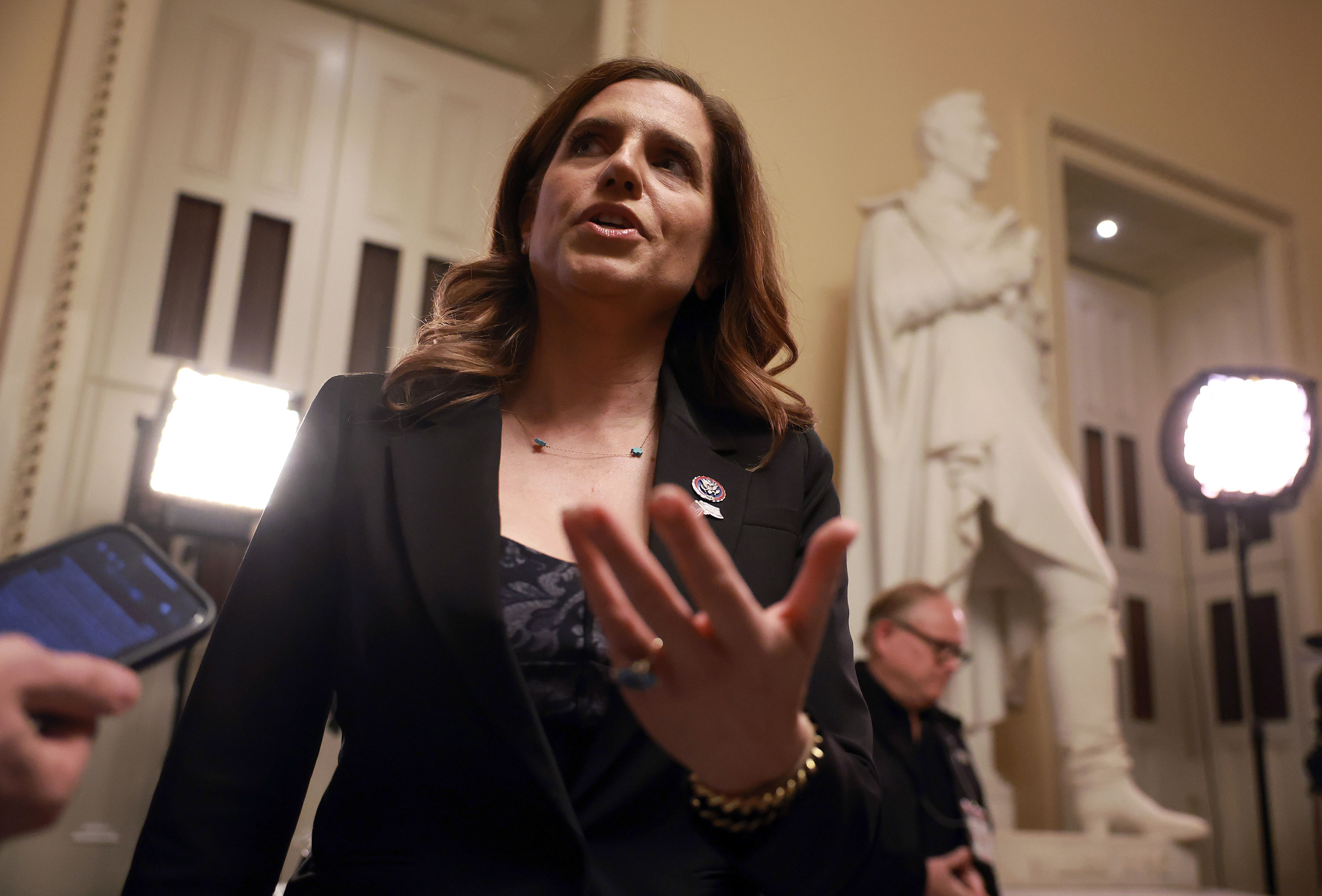 Republican Rep. Nancy Mace speaks to reporters at the Capitol on Wednesday, October 11, 2023. 