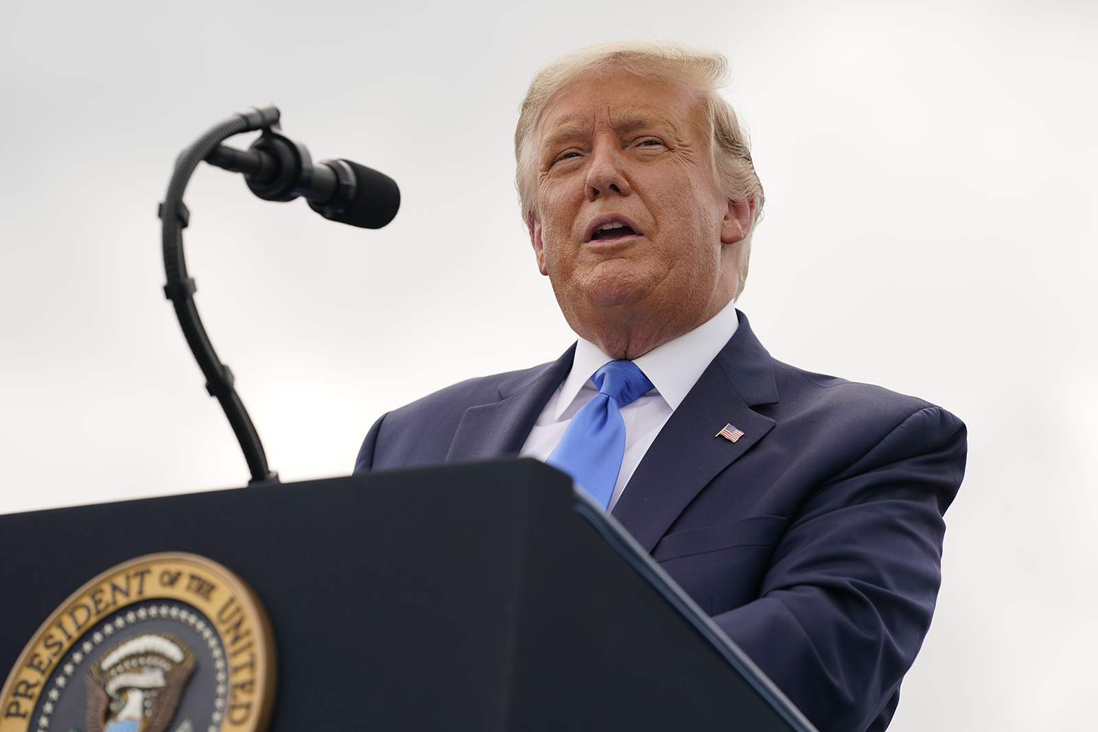 President Donald Trump delivers remarks on the "Farmers to Families Food Box Program" at Flavor First Growers and Packers, on Monday, August 24 in Mills River, North Carolina.