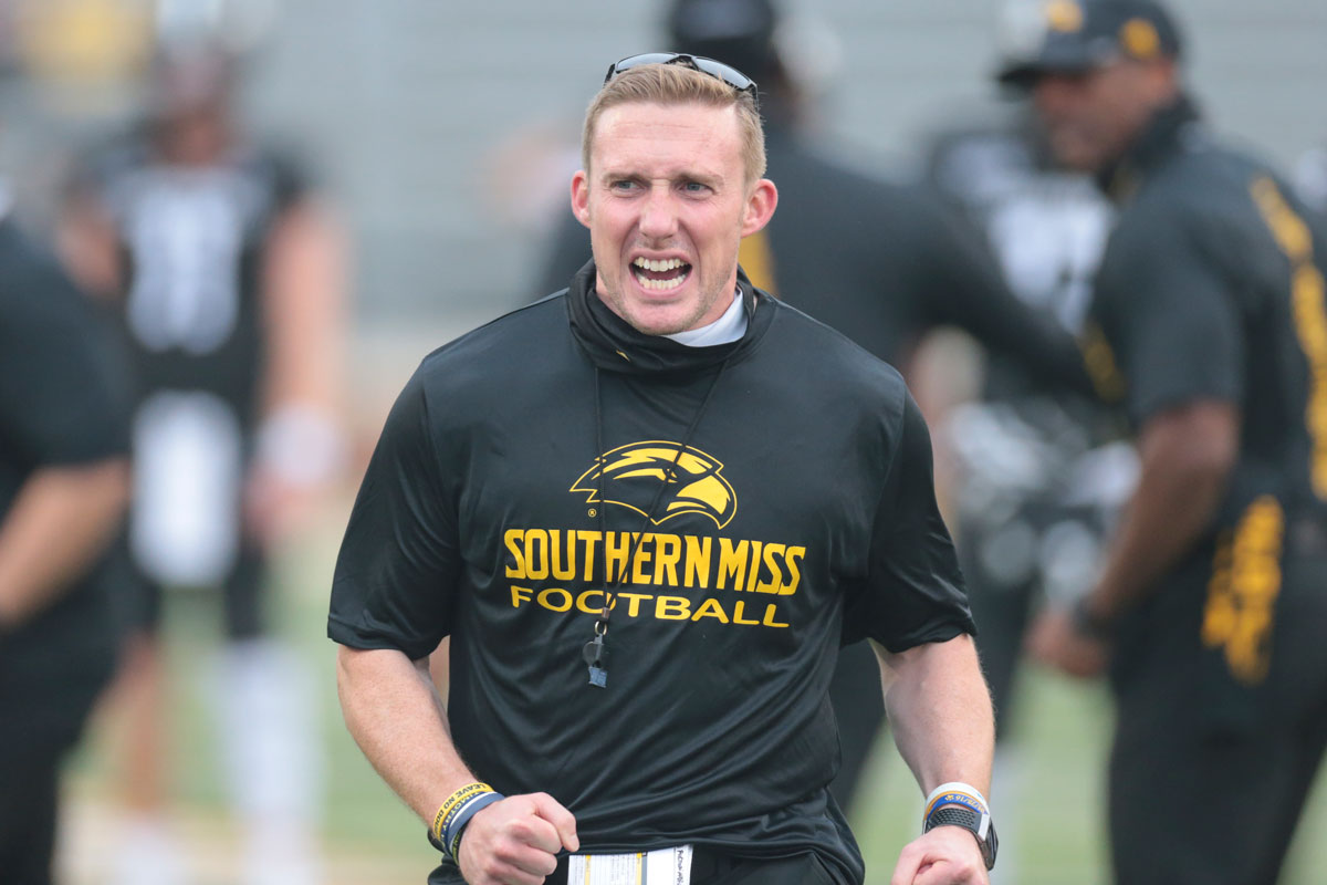 Southern Miss Golden Eagles interim head coach Scotty Walden gets his team fired up during their game with Louisiana Tech Bulldogs on September 19 at M.M. Roberts Stadium in Hattiesburg, MS.