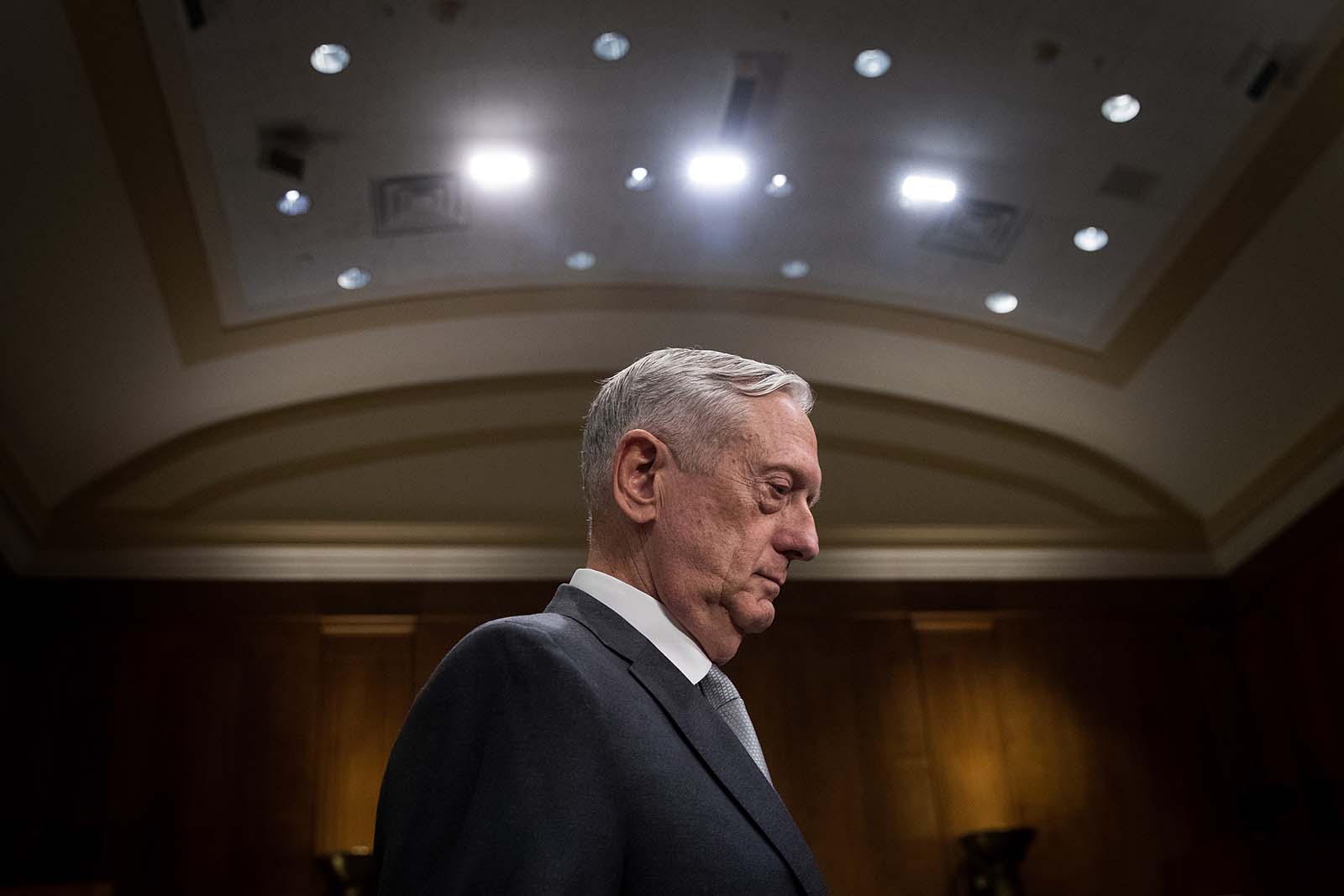 James Mattis arrives for a Senate Foreign Relations Committee hearing concerning the authorizations for use of military force, October 30, 2017 in Washington.