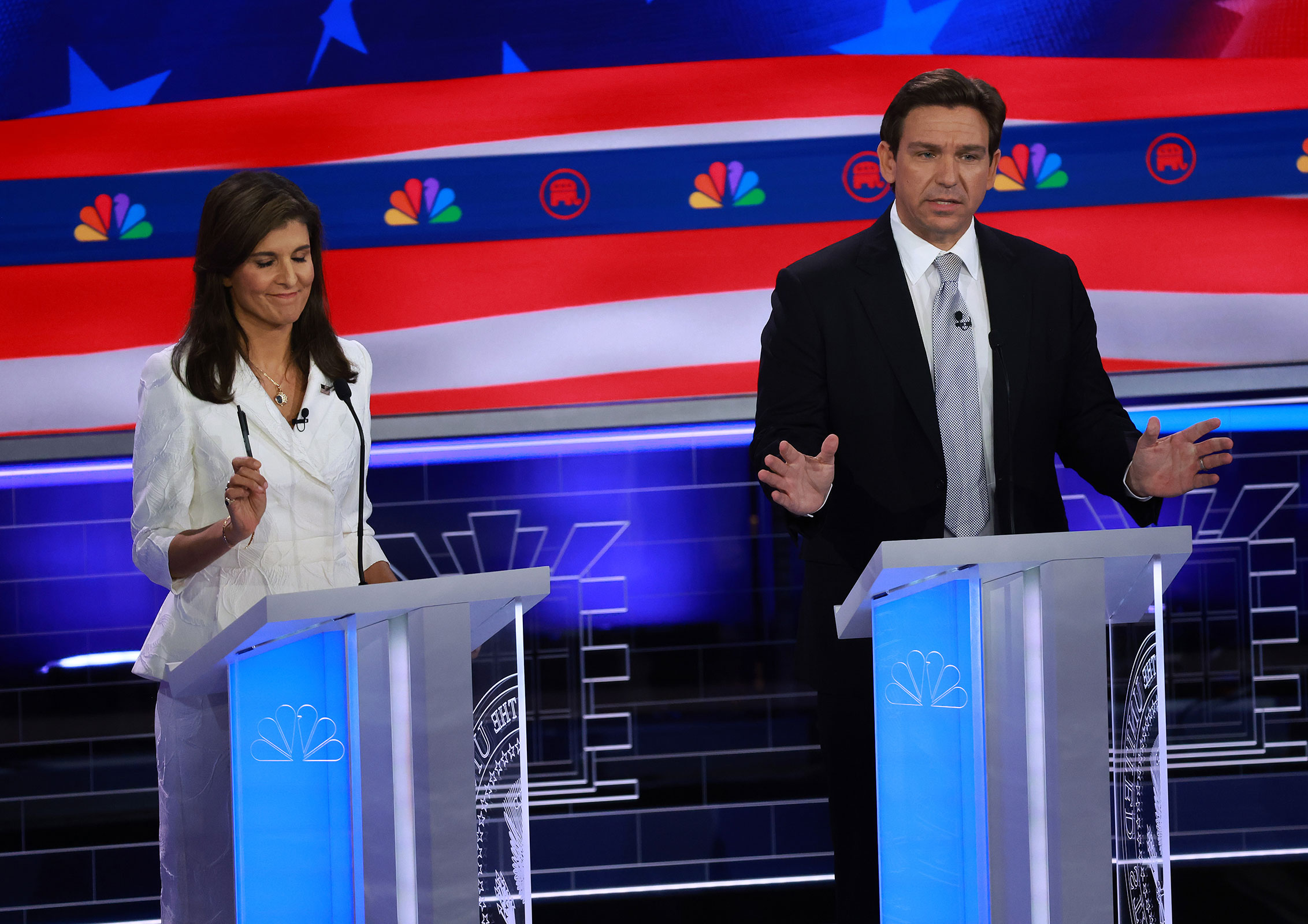 Florida Gov. Ron DeSantis speaks alongside former UN Ambassador Nikki Haley during the NBC News Republican Presidential Primary Debate at the Adrienne Arsht Center for the Performing Arts of Miami-Dade County on November 8 in Miami. 