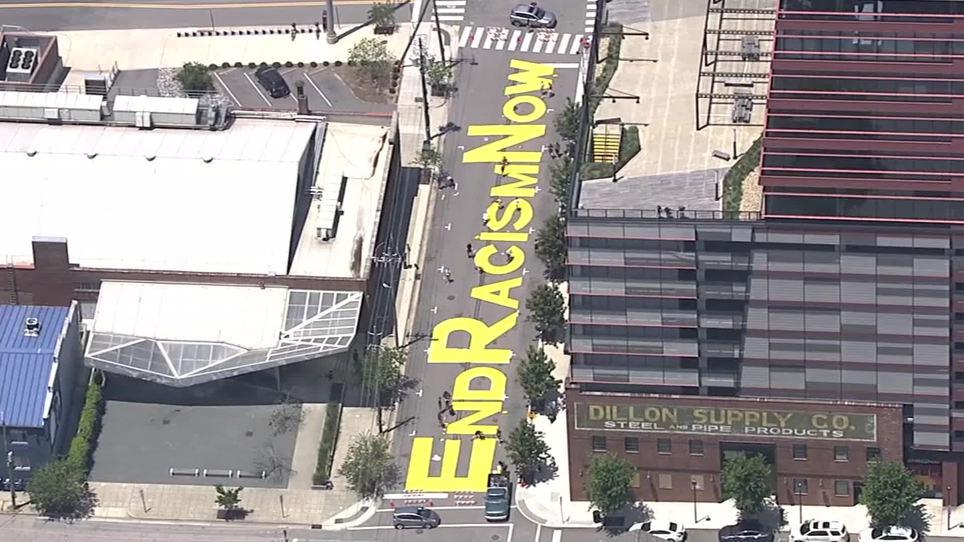 Protesters painted the words “End Racism Now” in bold yellow on the street in front of the Contemporary Art Museum in Raleigh, NC. 