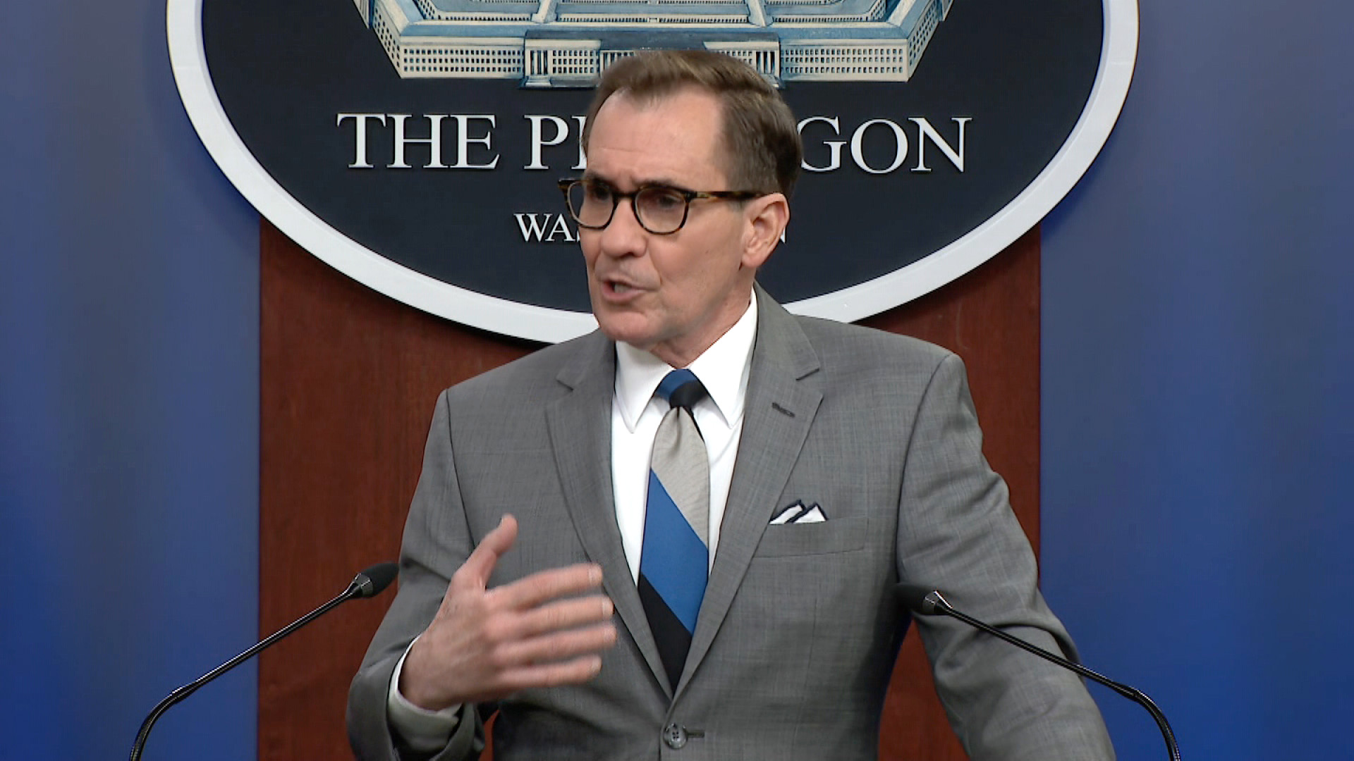 Pentagon press secretary John Kirby speaks with reporters at a briefing on Tuesday March 29. 
