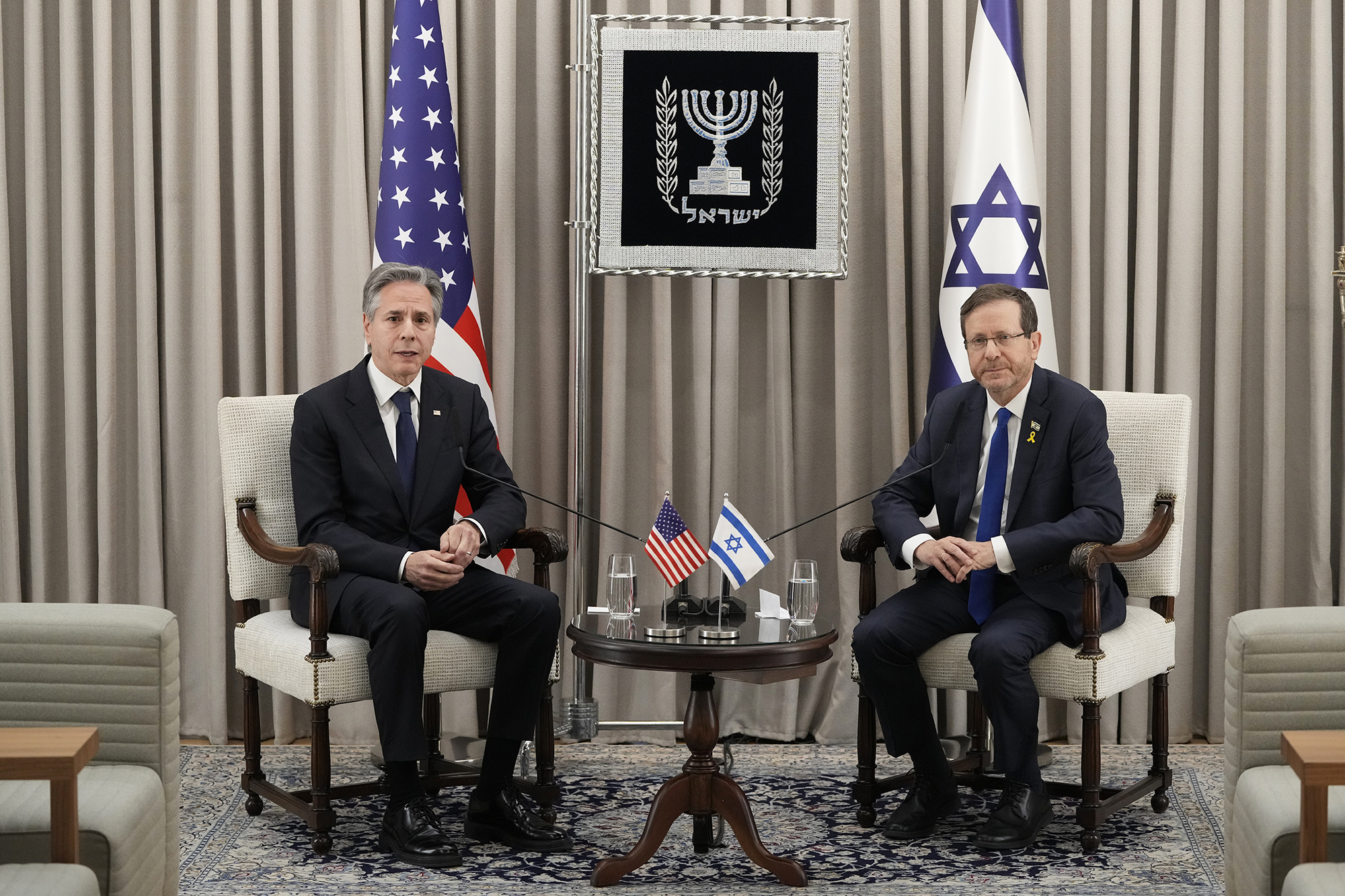 U.S. Secretary of State Antony Blinken, left, and Israel's President Isaac Herzog talk during their meeting at the President's Residence in Jerusalem, Israel, on February 7.