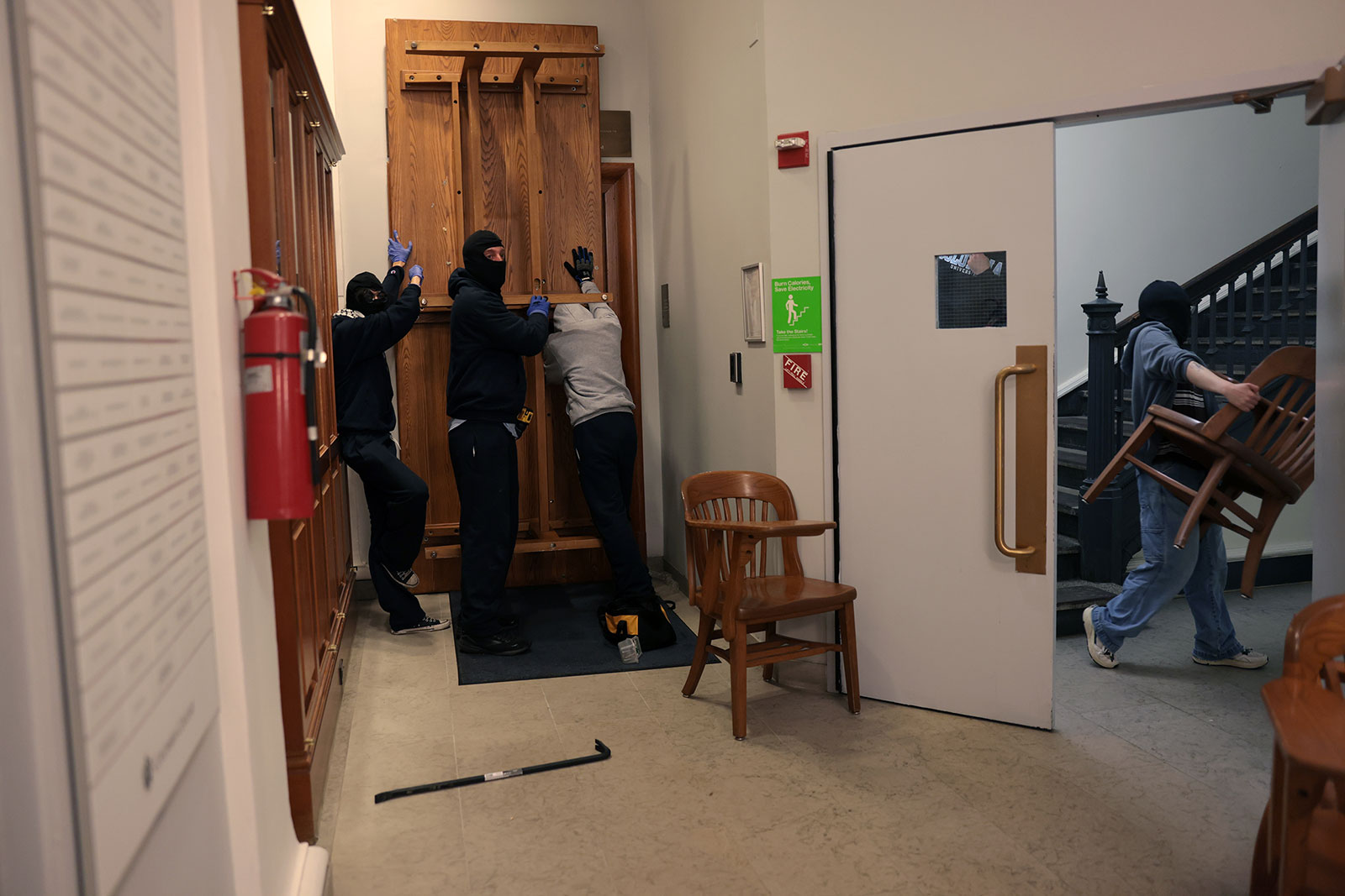 Demonstrators barricade themselves inside Hamilton Hall at Colombia University on April 30 in New York.