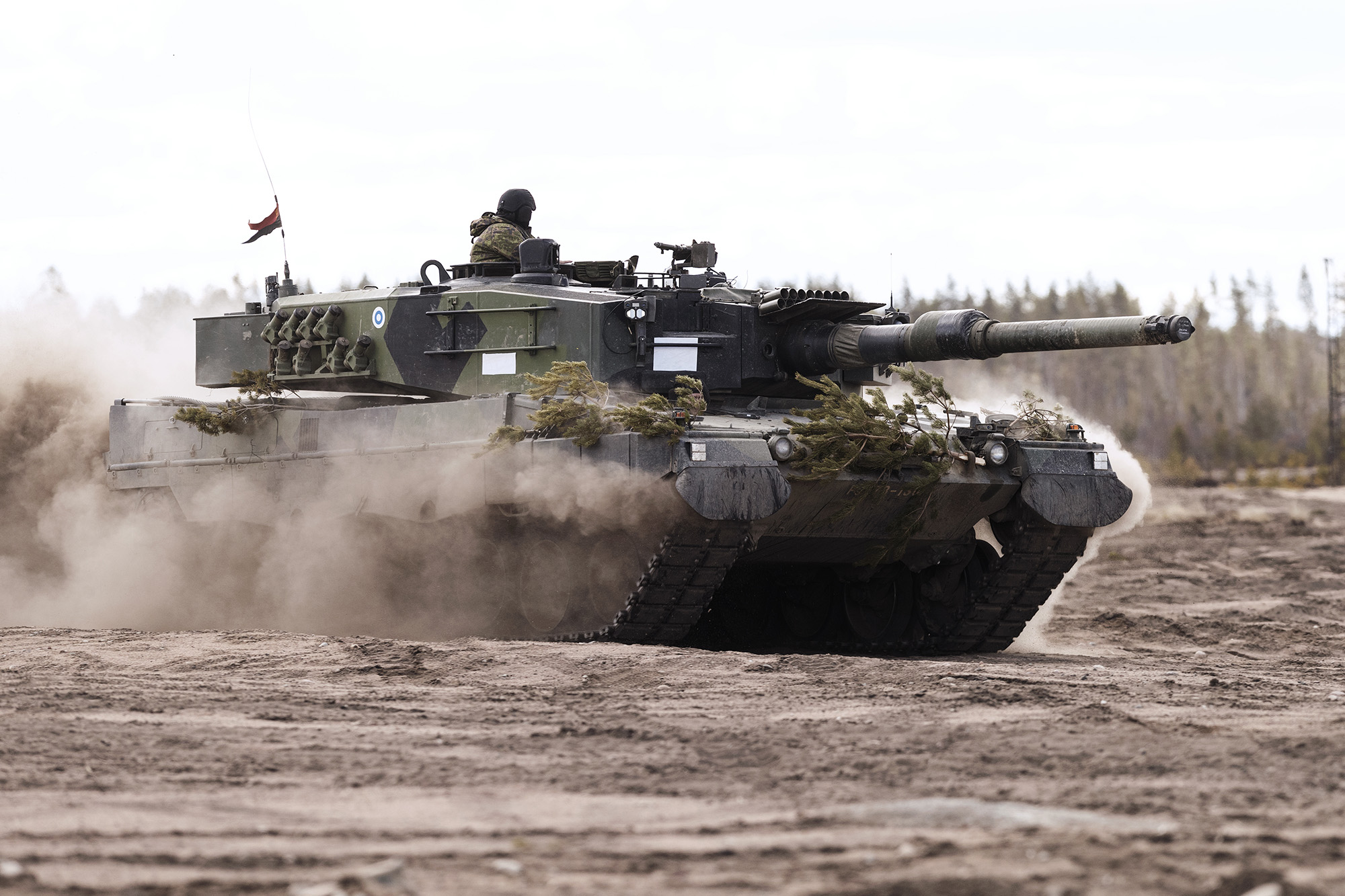 A Leopard 2A6 battle tank during the Finnish Army Arrow 22 training exercise, with participating forces from the U.K., Latvia, U.S. and Estonia, in Niinisalo, Finland, on May 4.