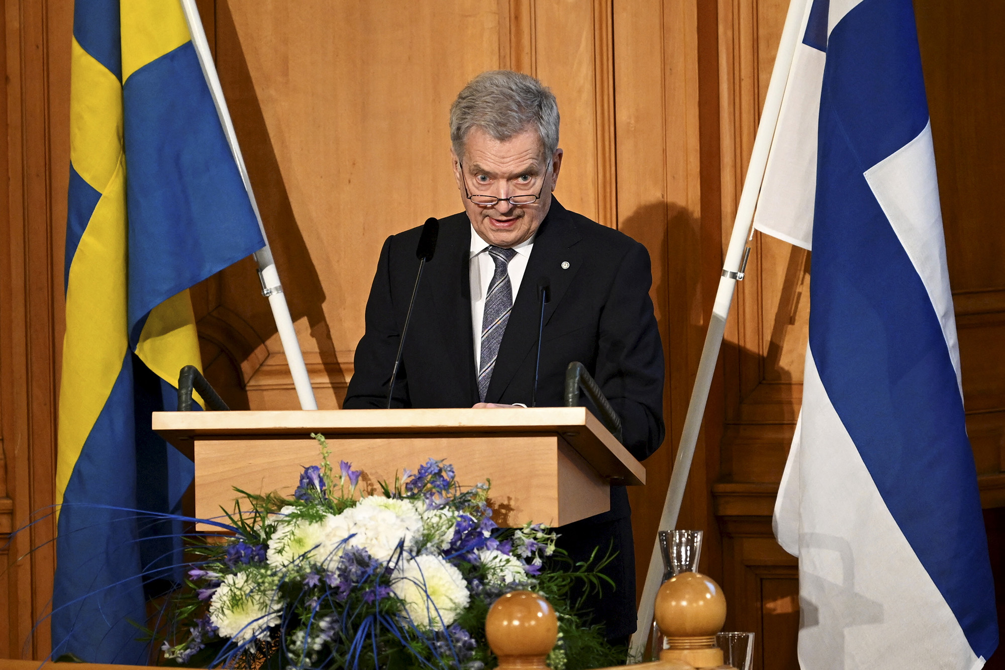 Finlands President Sauli Niinisto delivers a statement in the parliament building in Stockholm, Sweden, on May 17.