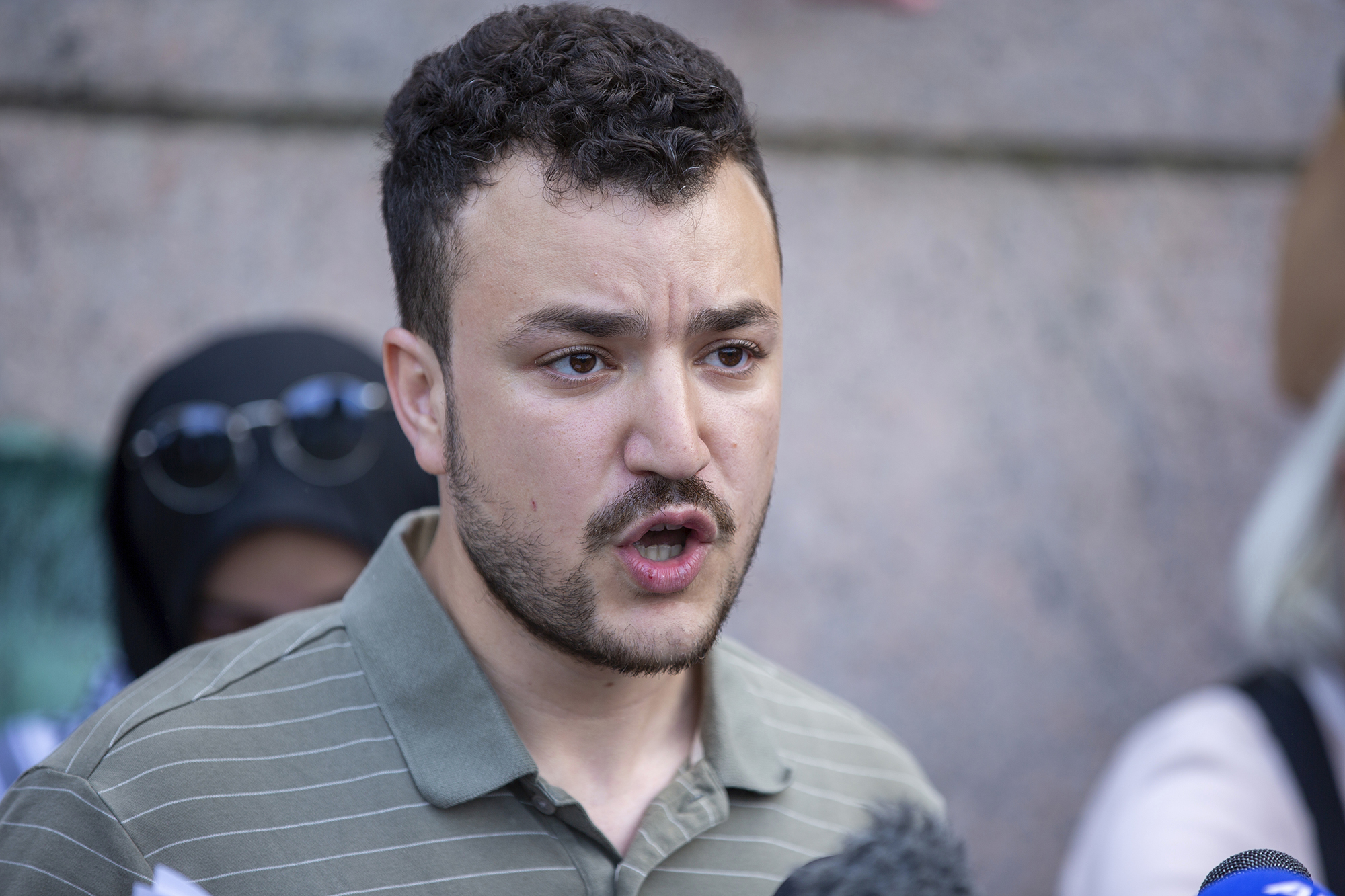 Student negotiator Mahmoud Khalil speaks on the Columbia University campus in New York at a pro-Palestinian protest encampment on April 29.