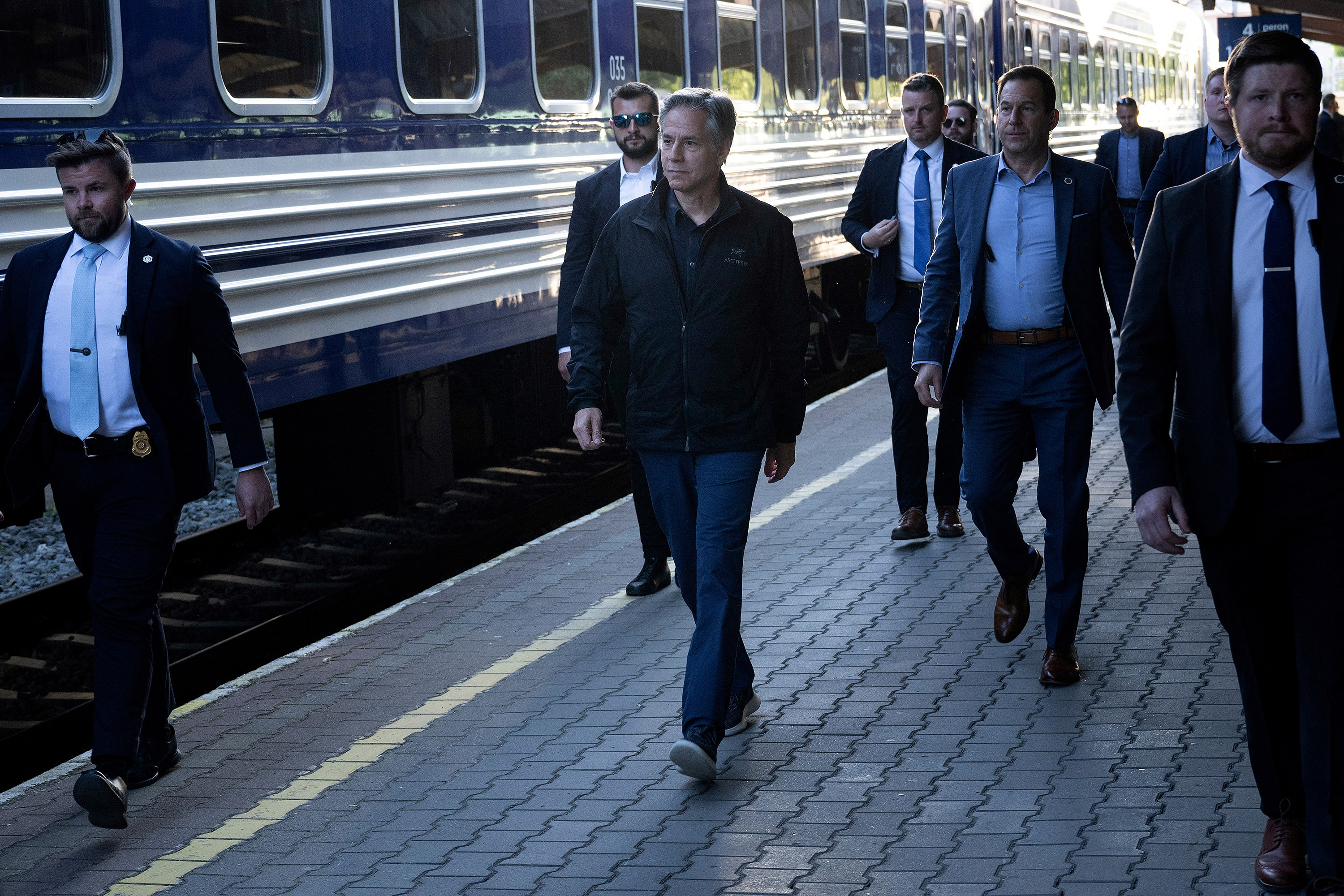 US Secretary of State Antony Blinken walks to board a train in Przemysl, Poland, en route to Kyiv, on May 13.