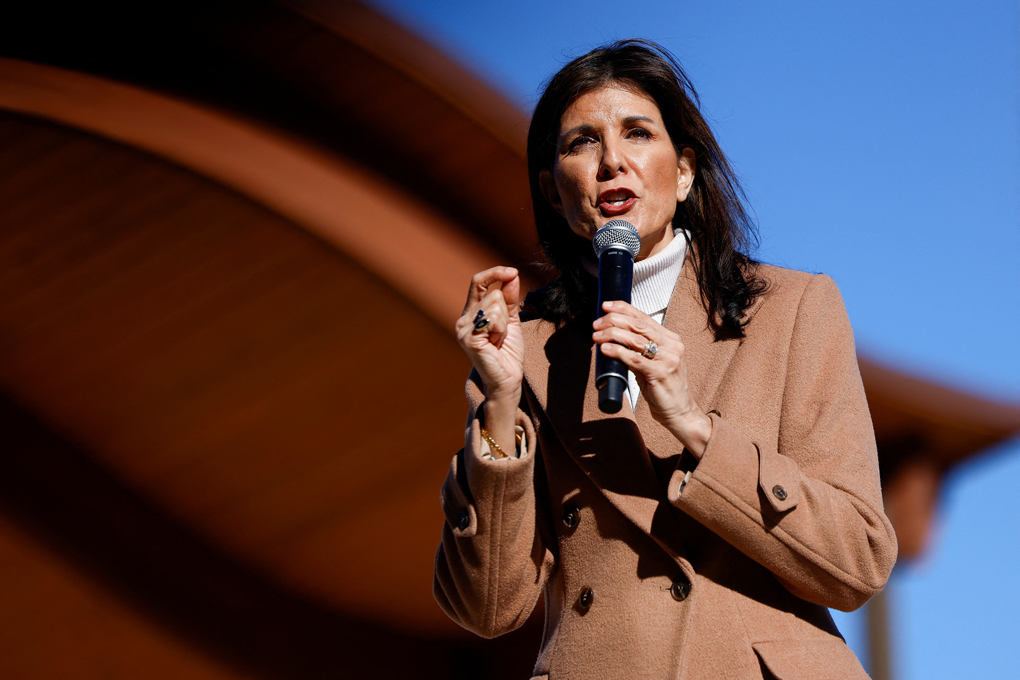 U.S. Republican presidential candidate Nations Nikki Haley speaks at a campaign stop in Bamberg, South Carolina, on February 13.