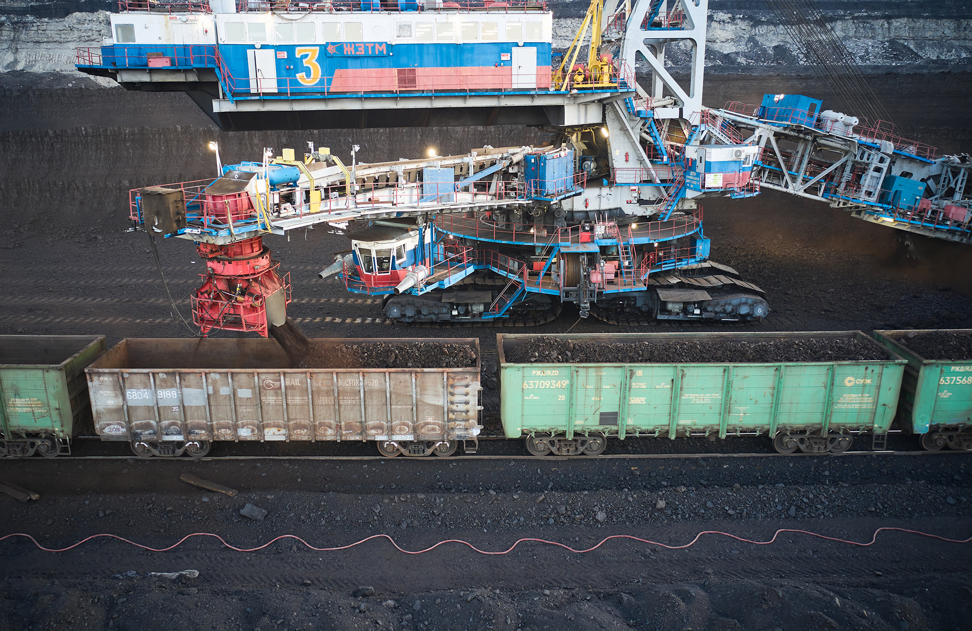 The Borodinsky opencast coal mine, producing 22 million tonnes per annum, next to the village of Borodino, in the Rybinsk district of the Krasnoyarsk region, Russia on April 19.