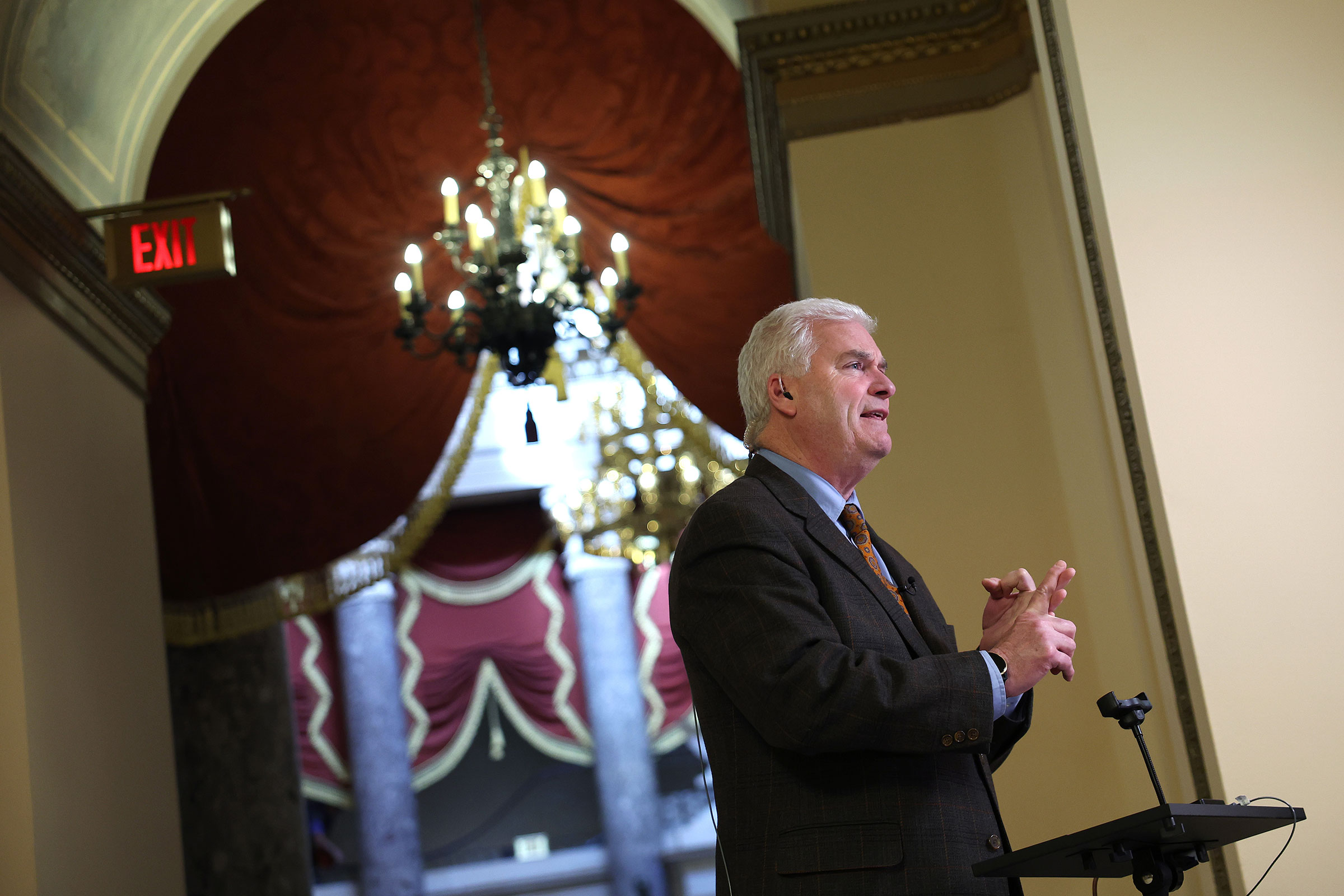 House Majority Leader Tom Emmer speaks to reporters at the U.S. Capitol on February 13, 2024 in Washington, DC. 