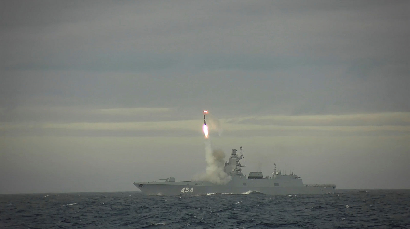 A still image taken from a video released on May 28 by the Russian Defense Ministry shows what it said was a test firing of its hypersonic Zircon cruise missile from Russia's Admiral Gorshkov-class frigate in the Barents Sea.