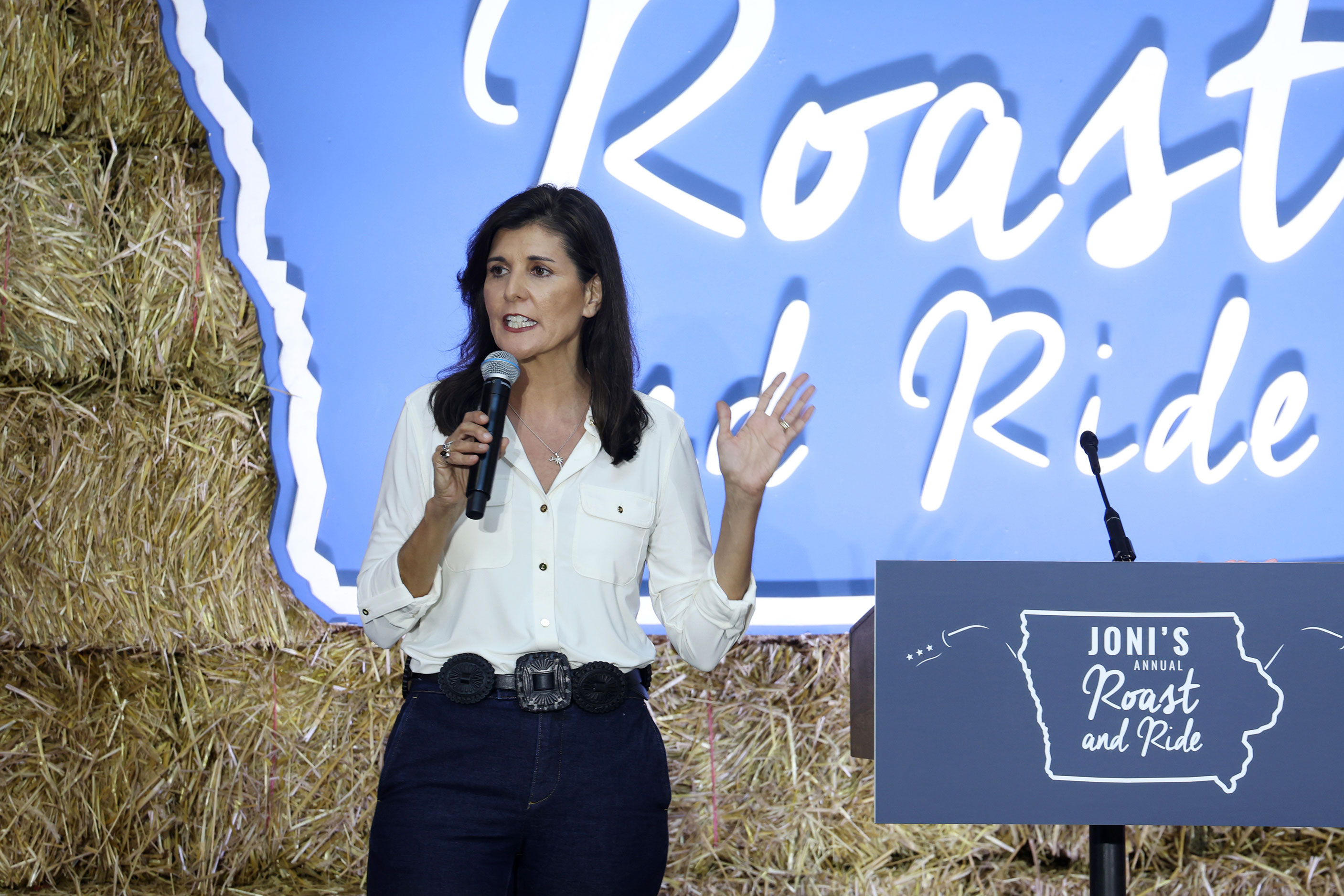 Former South Carolina Gov. Nikki Haley speaks to guests during the Joni Ernst's Roast and Ride event on June 3 in Des Moines, Iowa. 