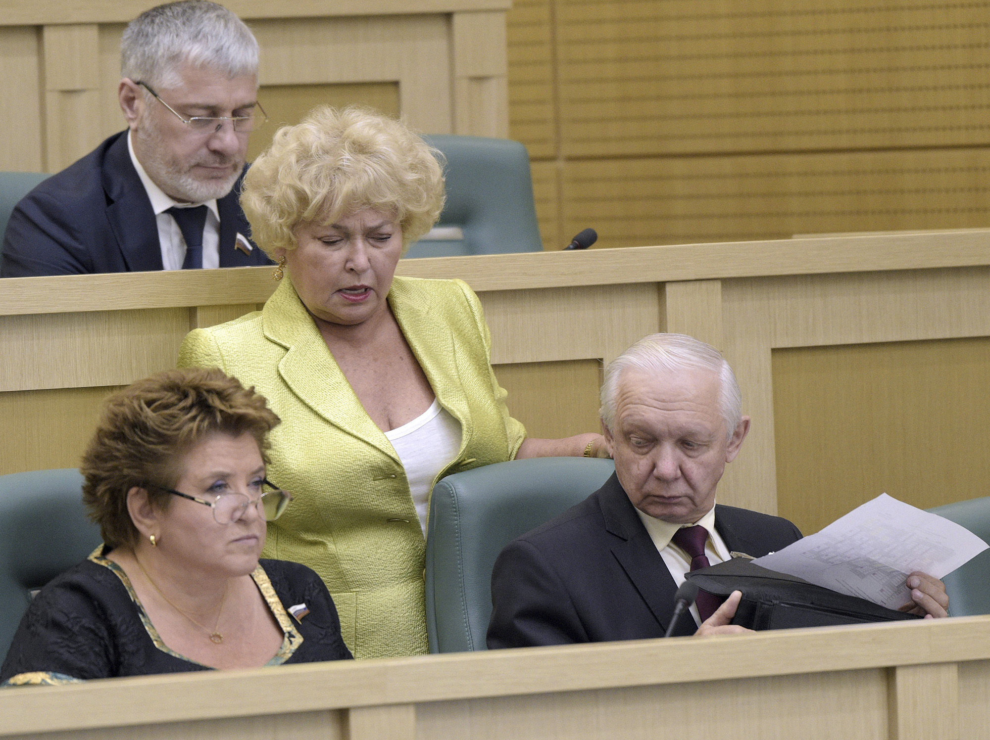 Representative from the executive body of the government of the Republic of Tyva Lyudmila Narusova (center) during a meeting of the Federation Council on May 29, 2019, in Russia, Moscow.