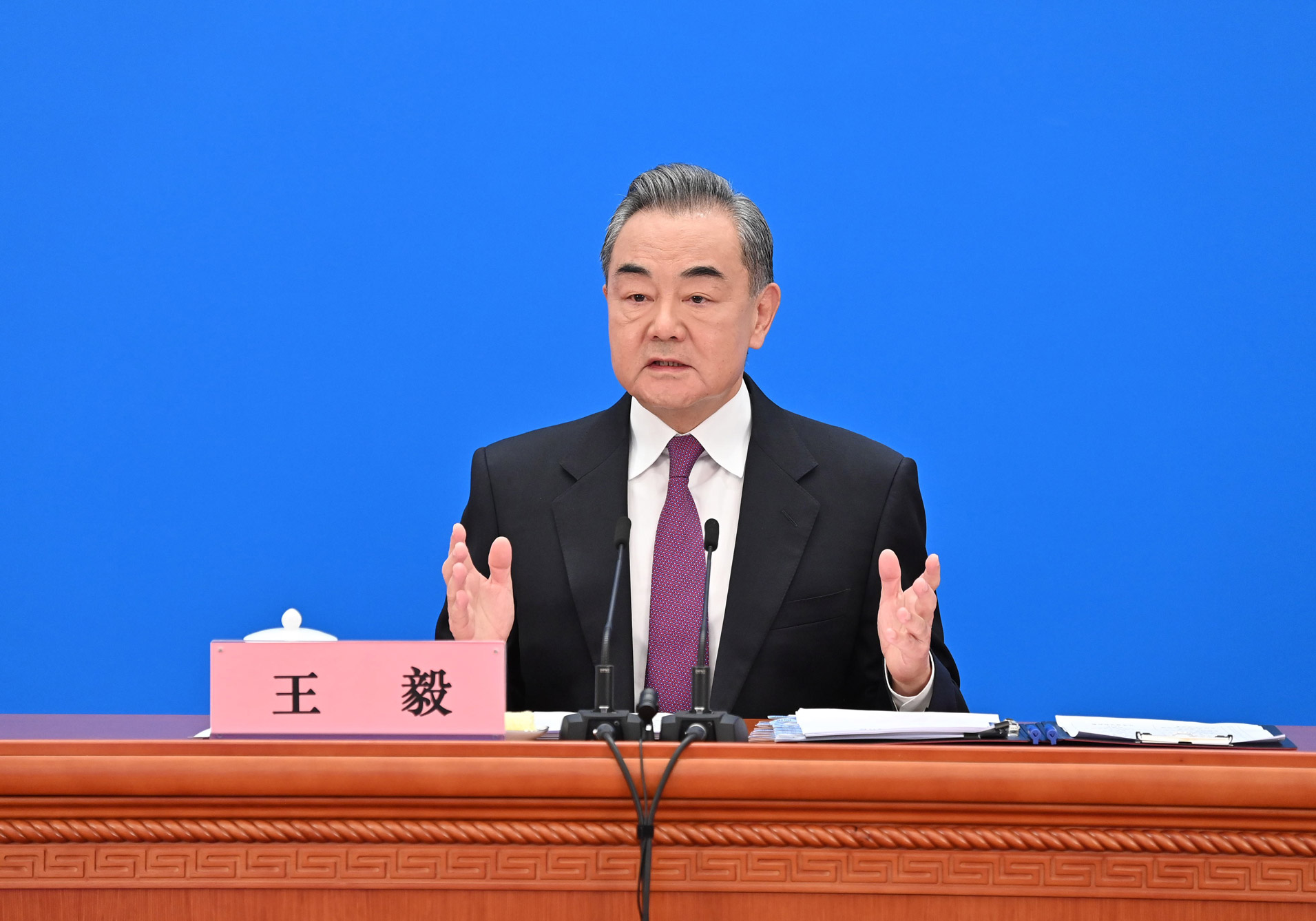 Chinese State Councilor and Foreign Minister Wang Yi attends a news conference in Beijing on March 7. 
