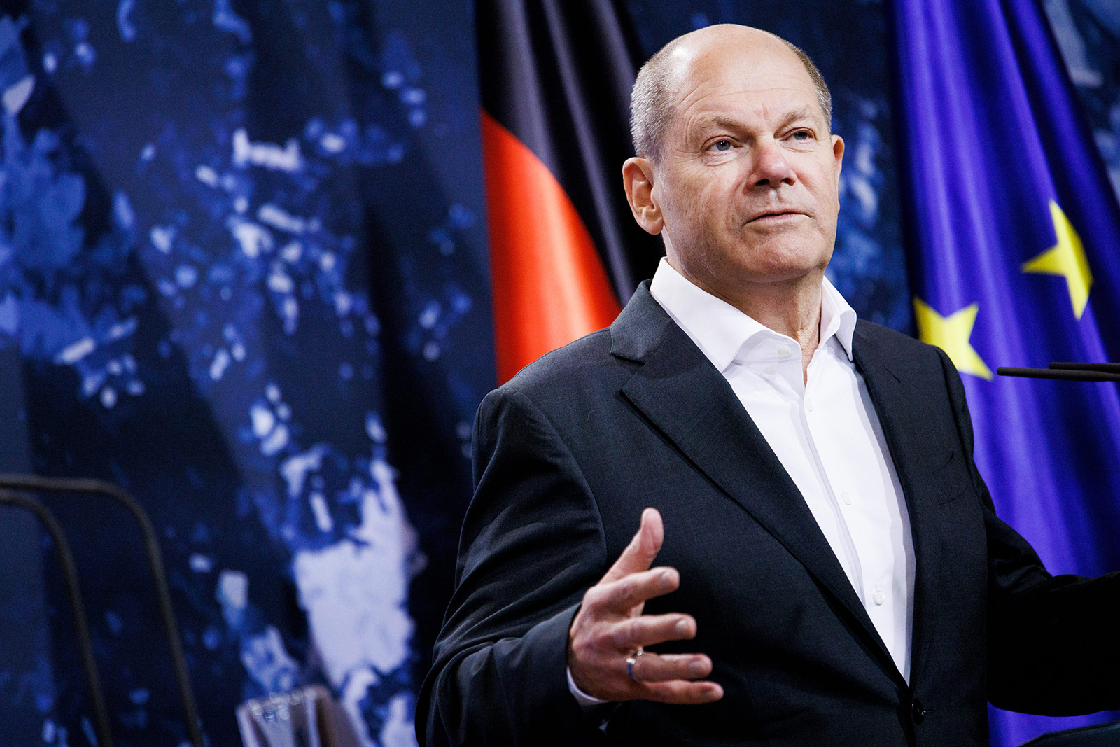 German Chancellor Olaf Scholz speaks during a press conference on March 5, near Gransee, Germany. 