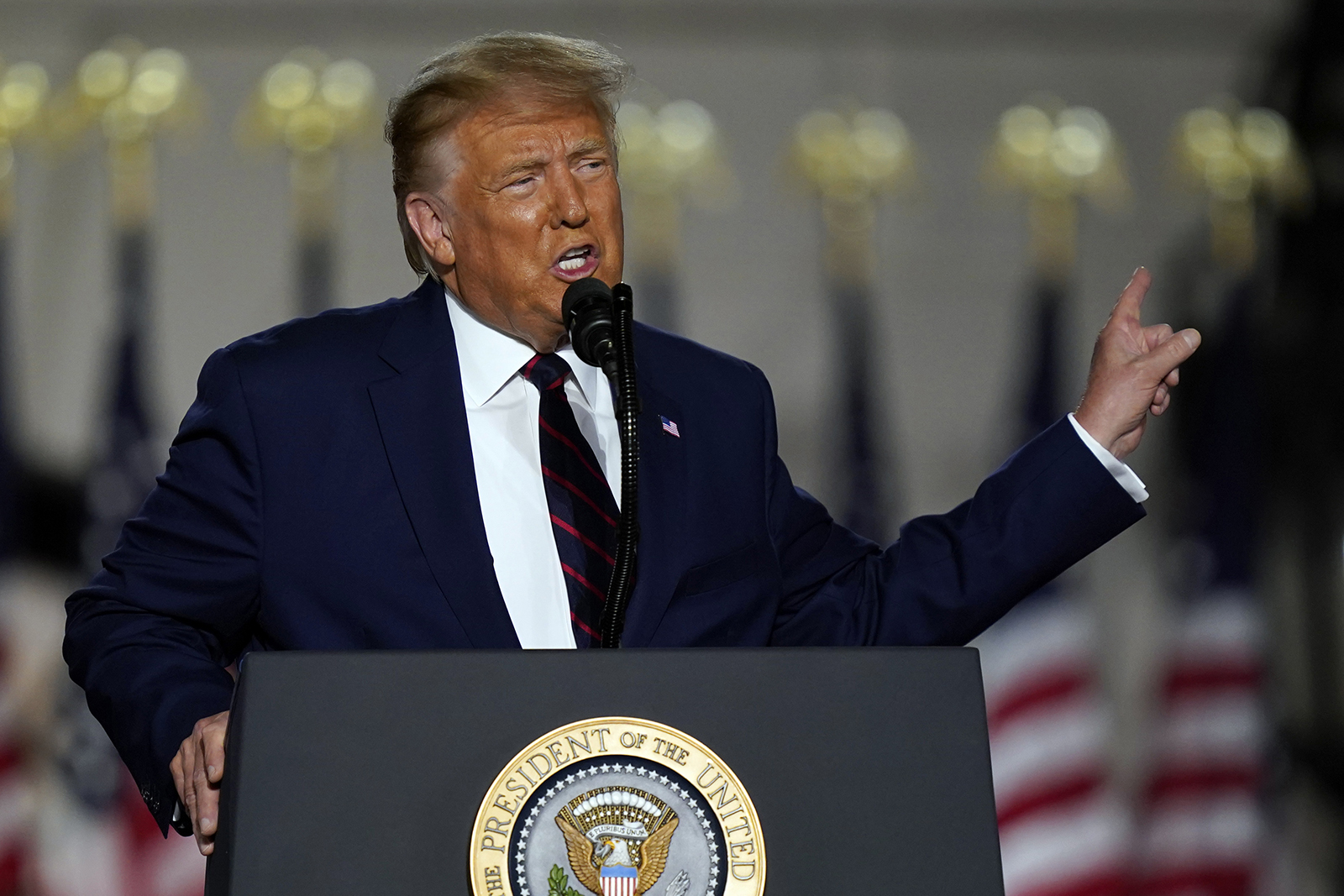 President Donald Trump speaks from the South Lawn of the White House on the fourth day of the Republican National Convention on Thursday in Washington.