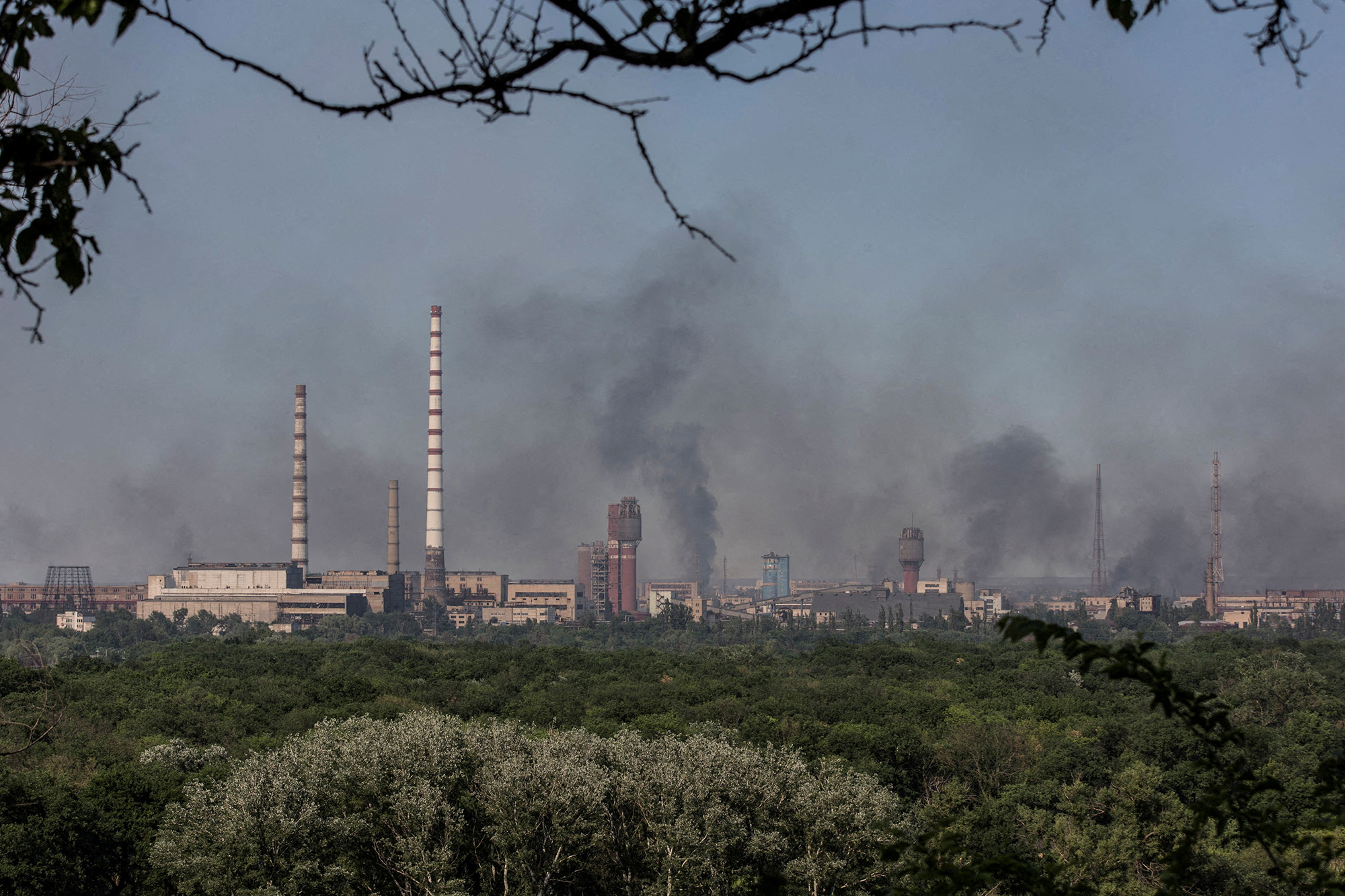Smoke rises above Severodonetsk's Azot Chemical Plant, in the Luhansk region, Ukraine, on June 10.