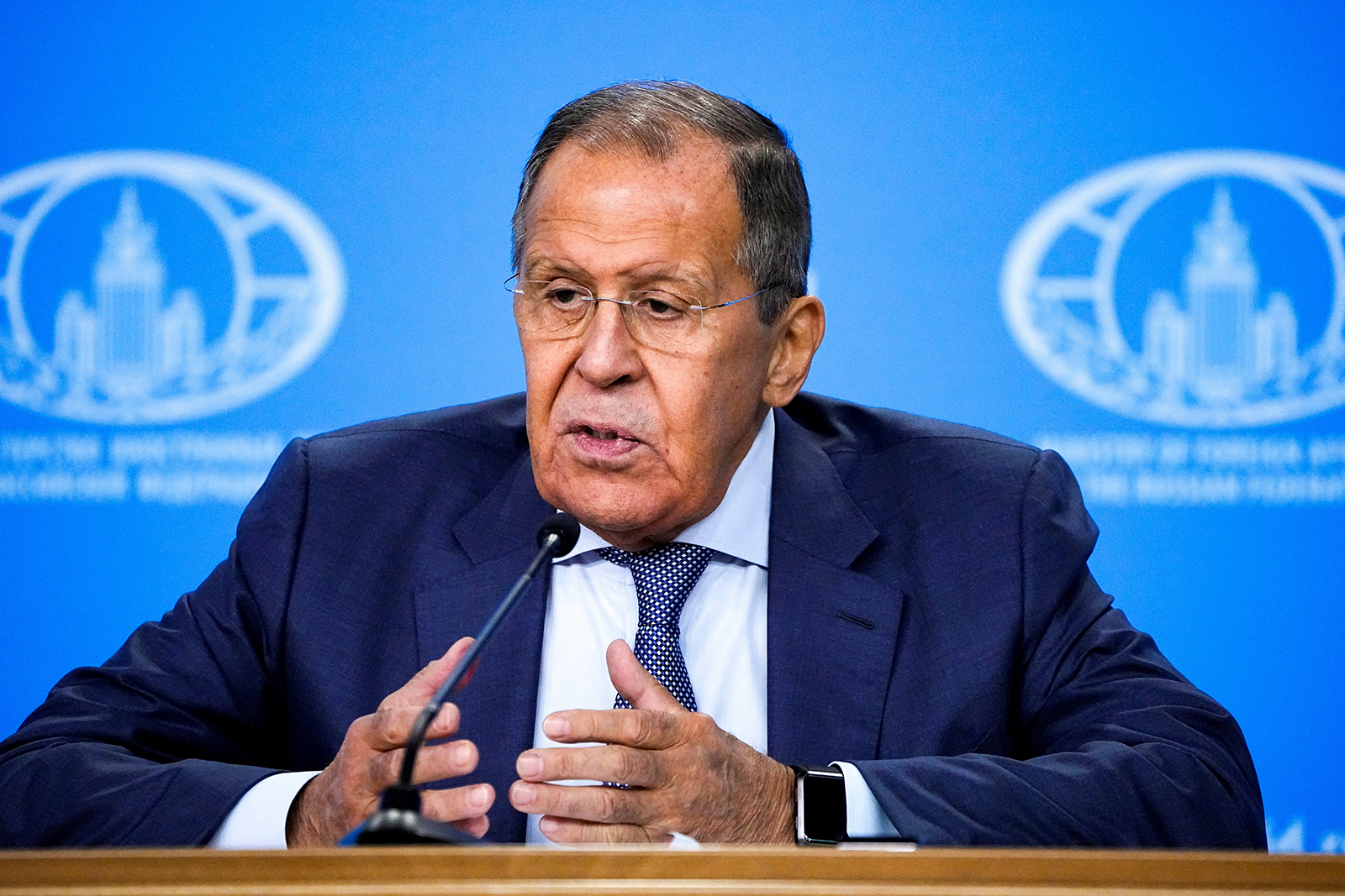 Russia's Foreign Minister Sergei Lavrov delivers his speech in Moscow on September 19.