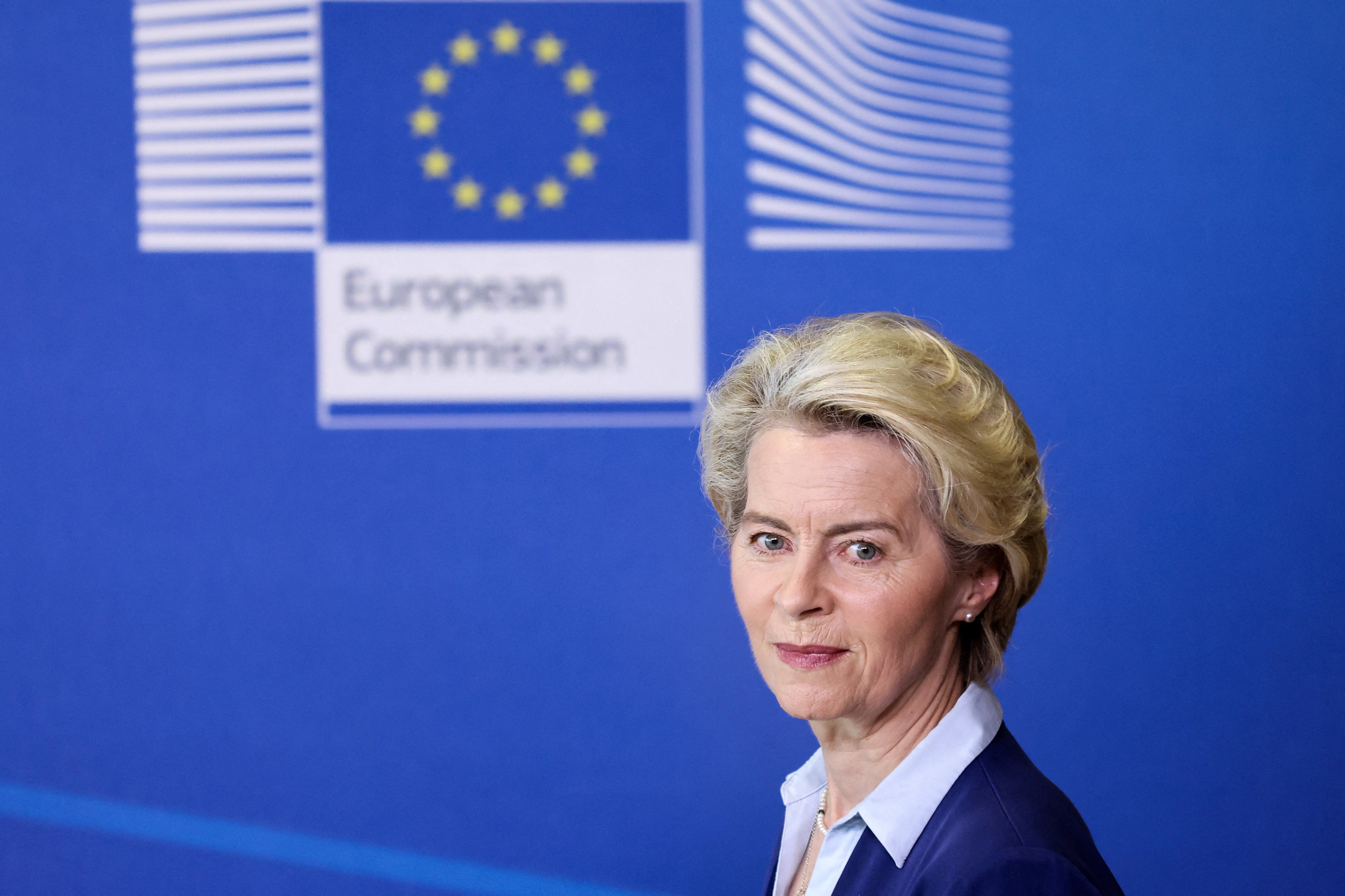 EU President Ursula von der Leyen arrives for a press conference at the EU headquarters in Brussels, on Tuesday.