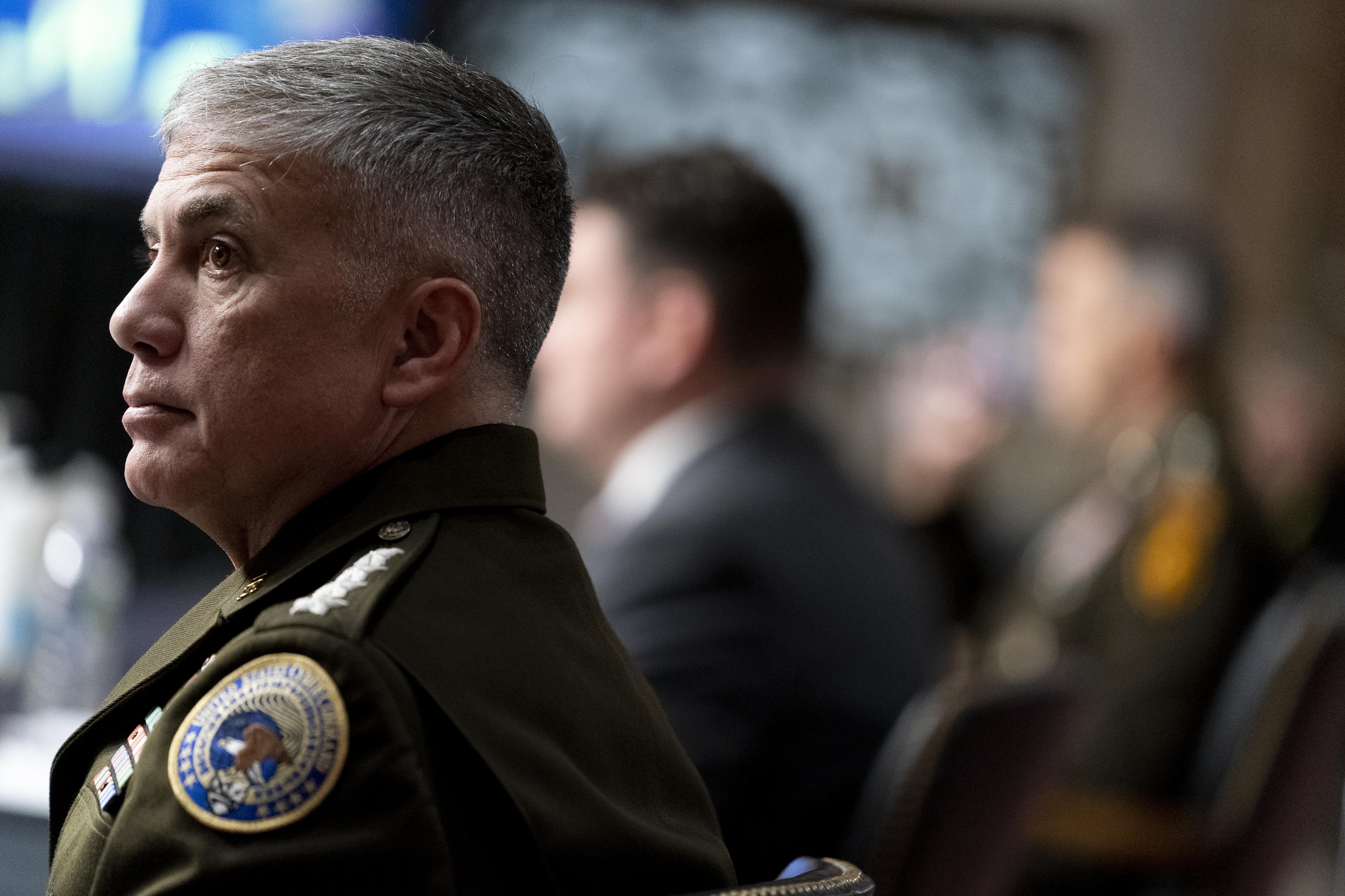 Gen. Paul Nakasone, head of Cyber Command and the National Security Agency, on April 5 during a Senate Armed Services hearing on Capitol Hill in Washington.