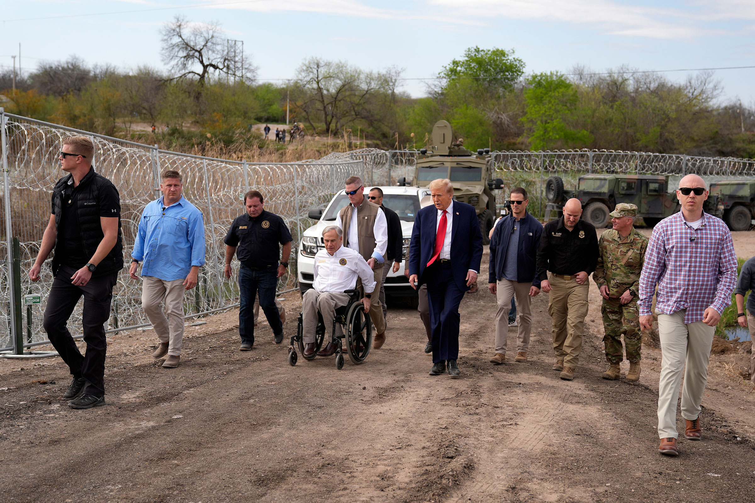 Former President Donald Trump walks at Shelby Park during a visit to the US-Mexico border on Thursday in Eagle Pass, Texas.