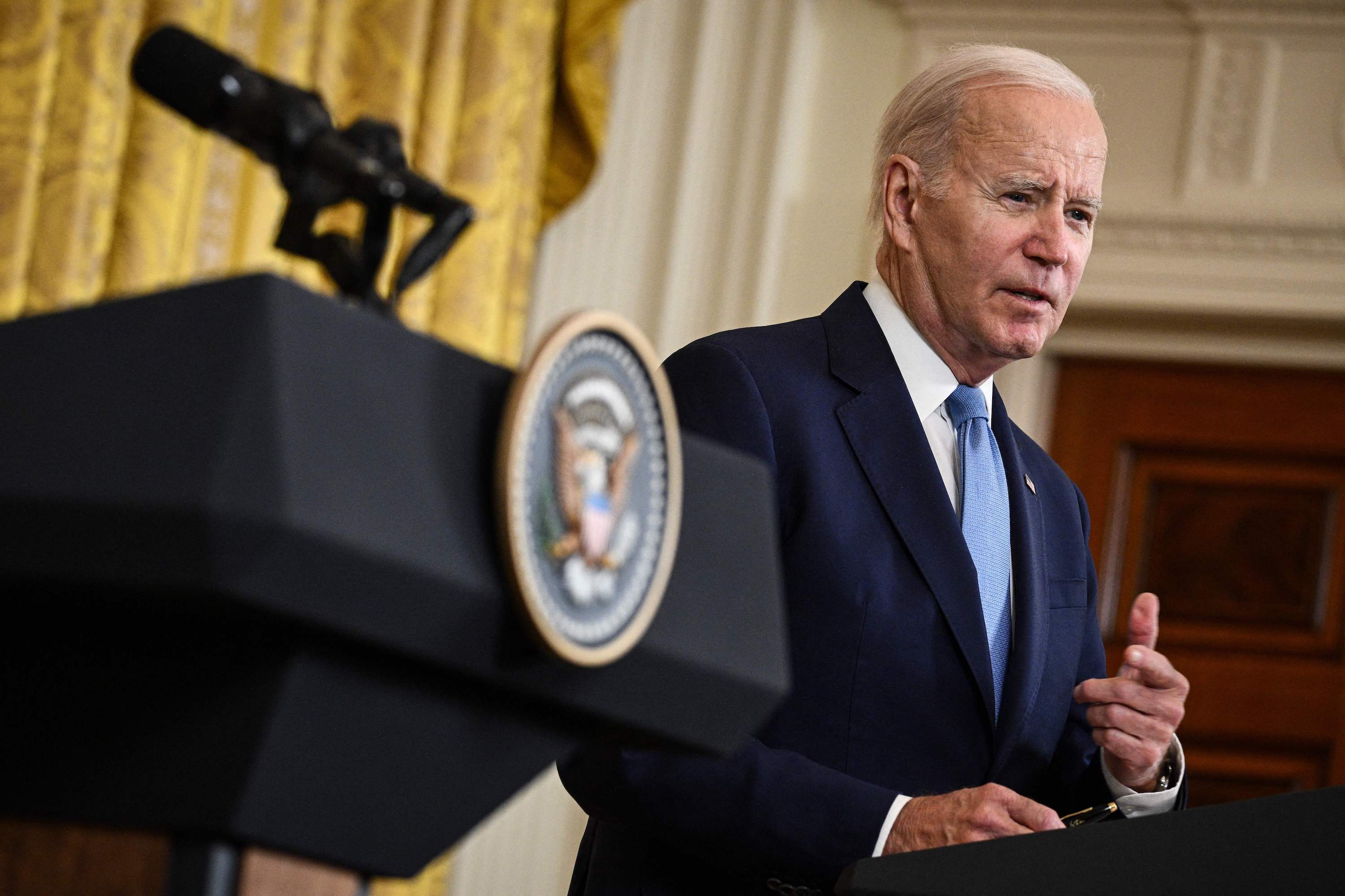 US President Joe Biden speaks during a joint-press conference British Prime Minister Rishi Sunak in the East Room of the White House in Washington, DC, on June 8, 2023.