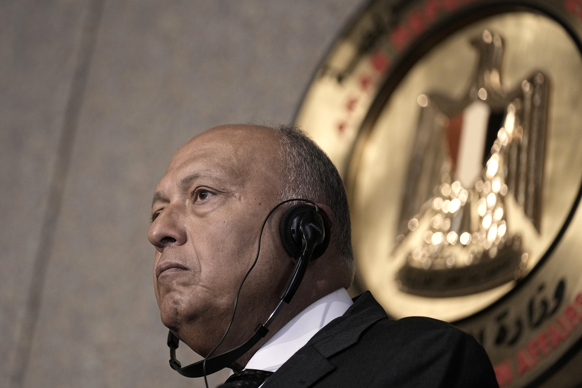 Egyptian Foreign Minister Sameh Shoukry listens to his French counterpart Catherine Colonna during a joint press conference at the Egyptian foreign ministry headquarters in Cairo, Egypt, on October 16.