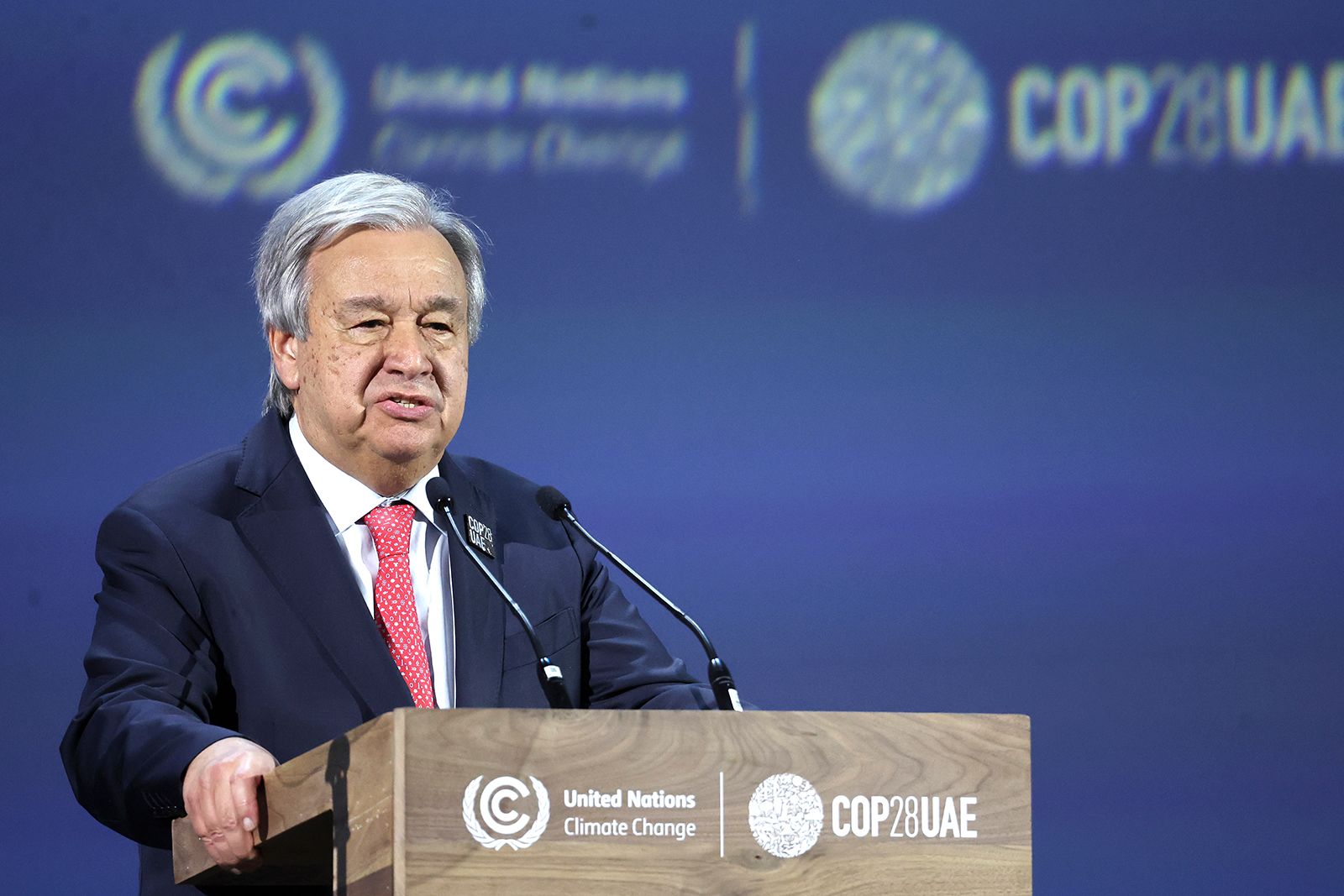 António Guterres delivers an address in Dubai on December 1.