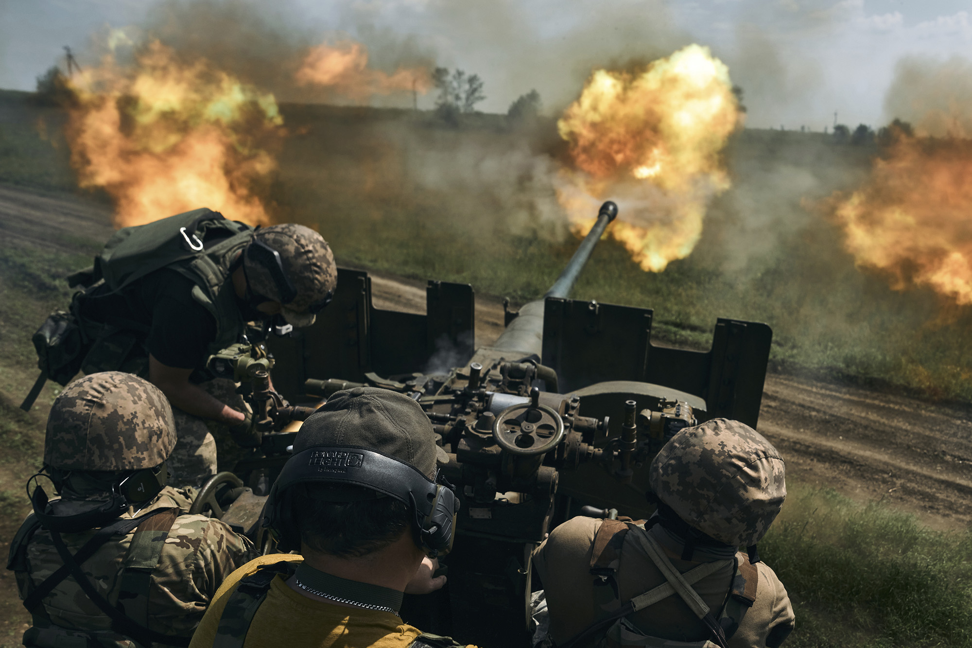 Ukrainian soldiers fire a cannon near Bakhmut in the Donetsk region, Ukraine, on May 15.