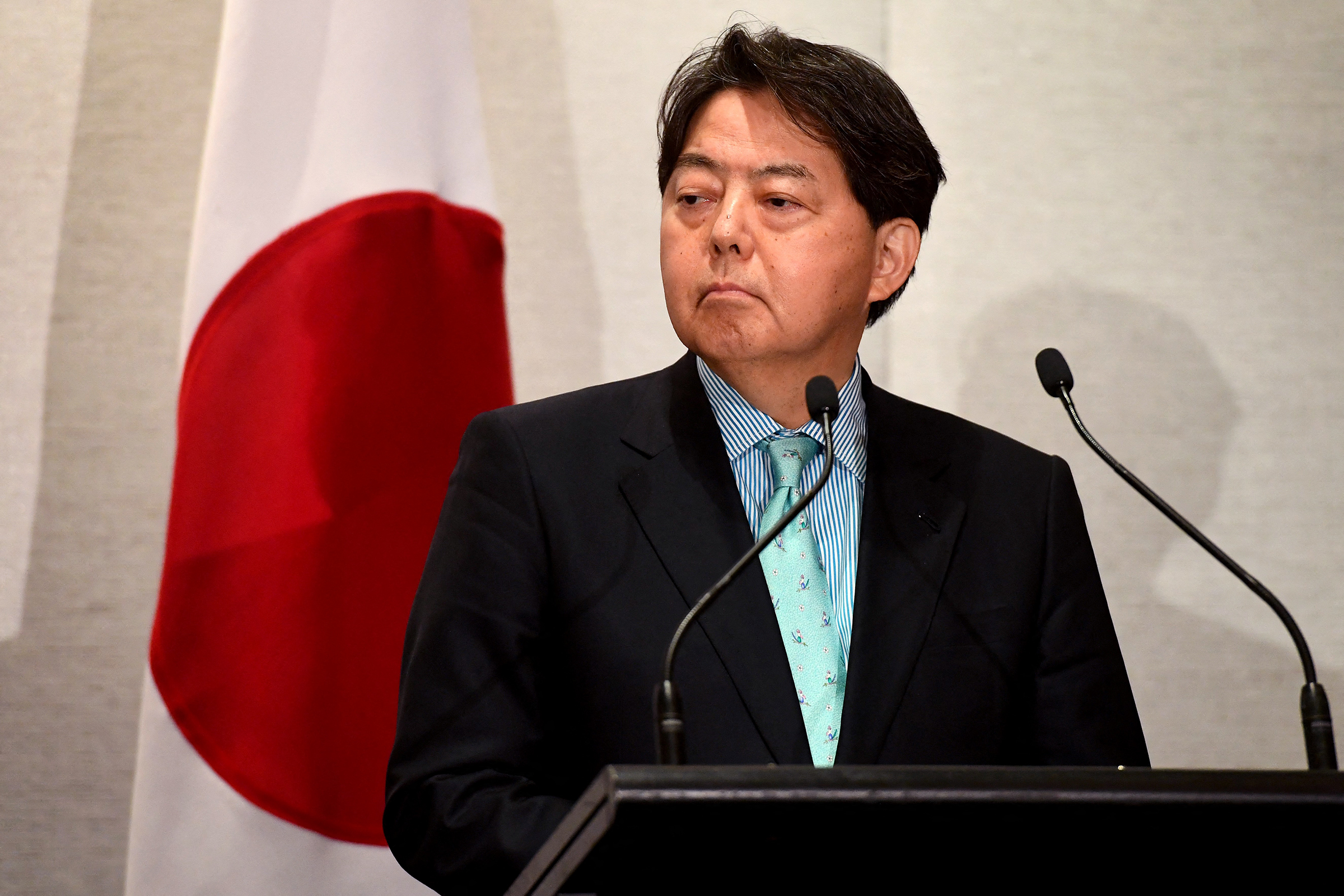 Japan's Foreign Minister Yoshimasa Hayashi attends a press conference in Melbourne, Australia, on February 11. 
