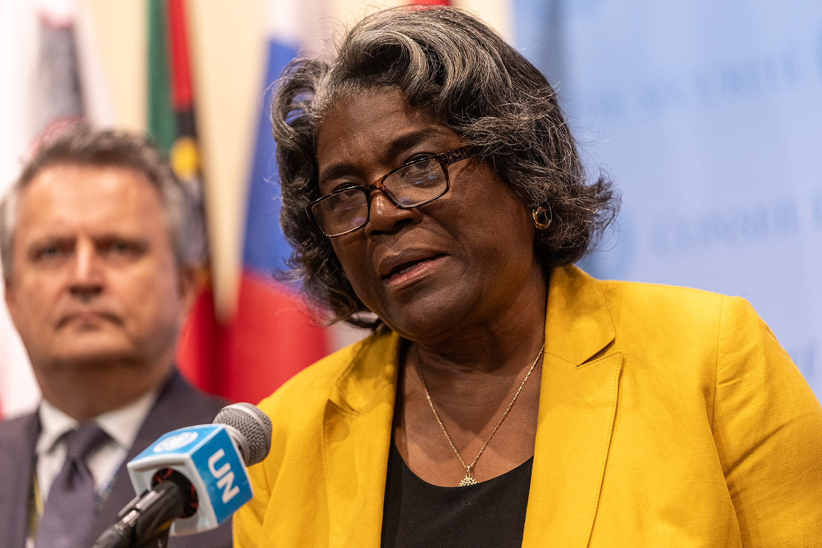 US Ambassador Linda Thomas-Greenfield speaks to press at the United Nations headquarters in New York on June 23. 