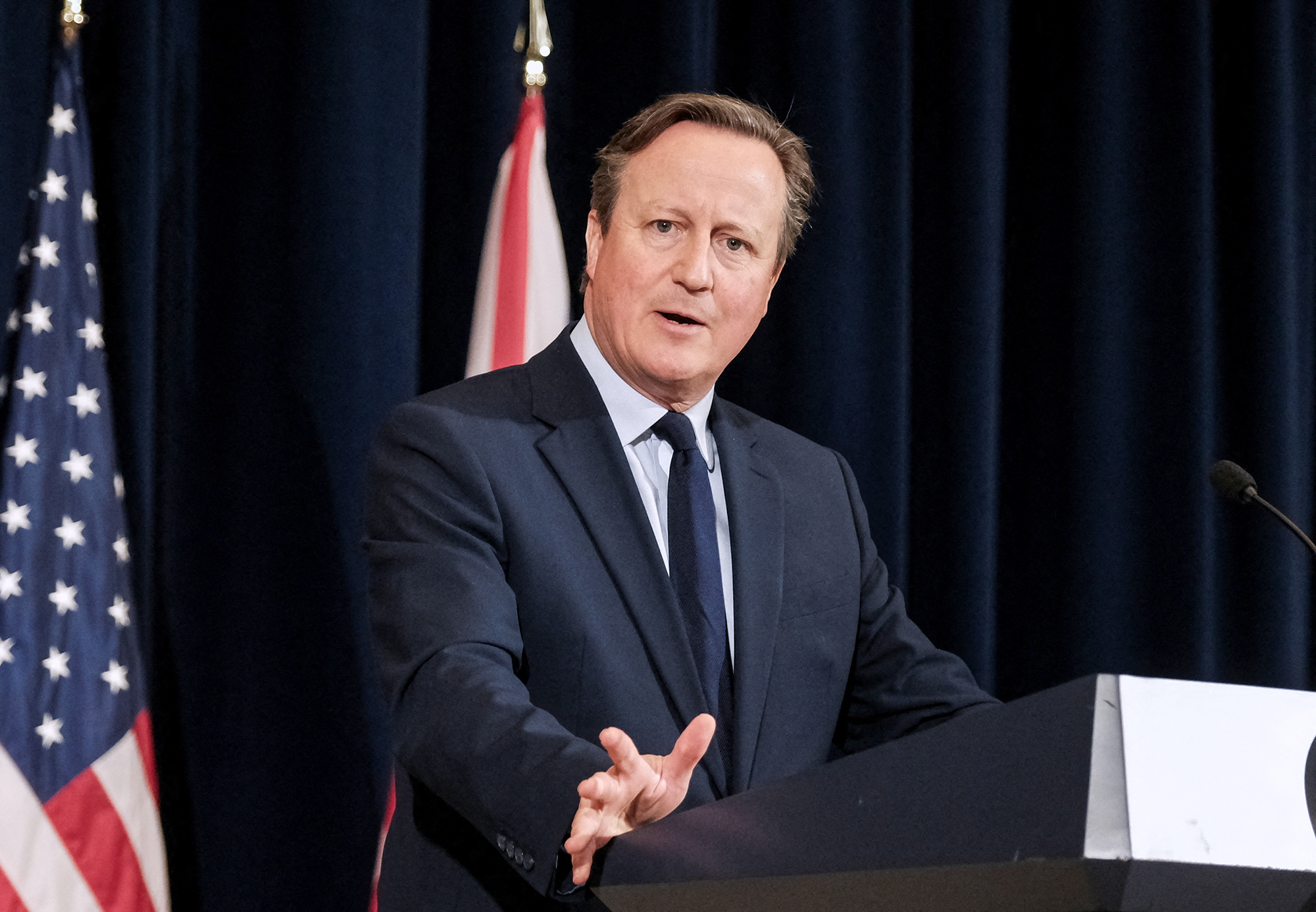 British Foreign Secretary David Cameron holds a joint press conference with U.S. Secretary of State Antony Blinken at the State Department in Washington, D.C., on April 9.
