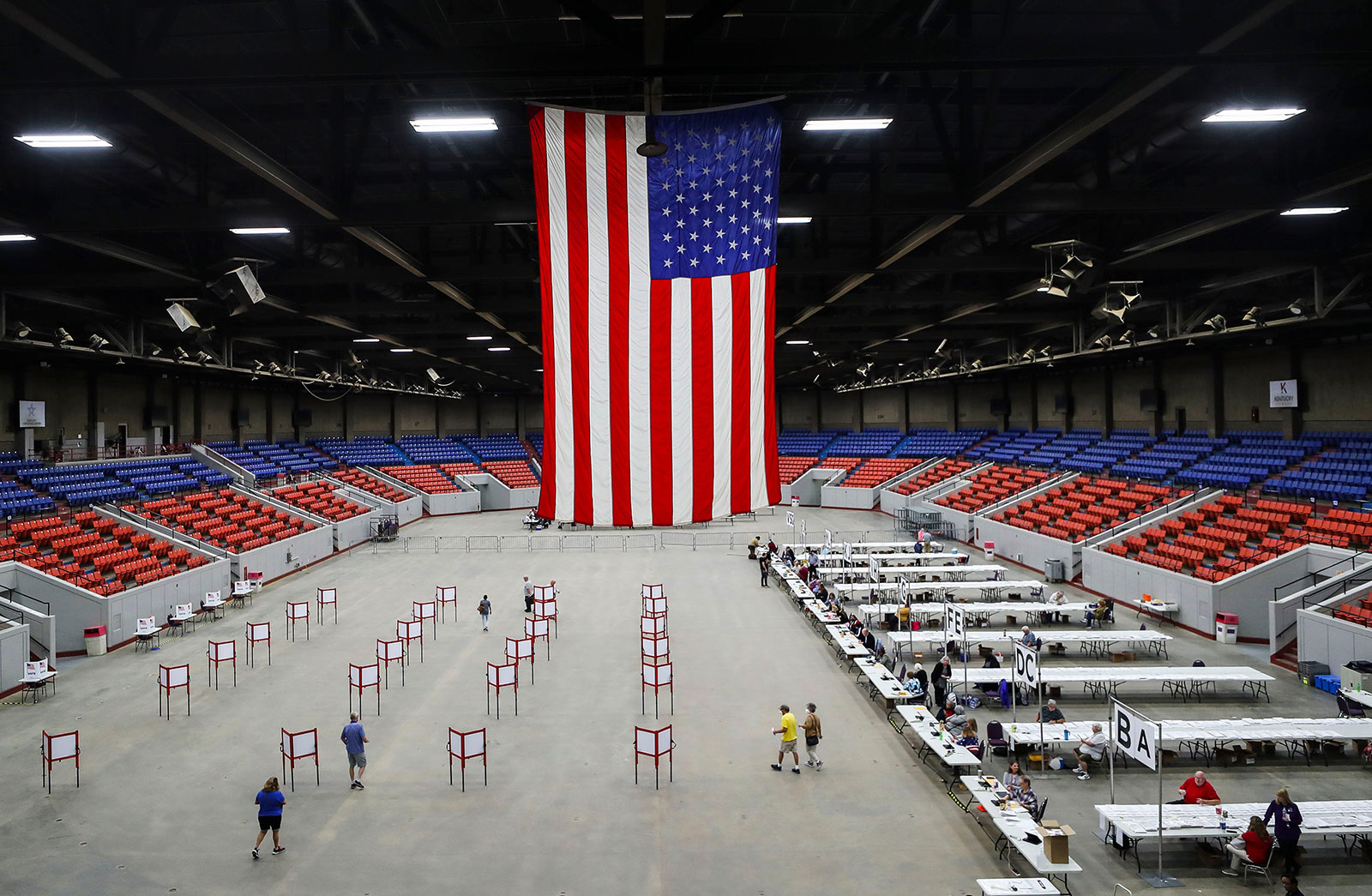 Voting booths are ready for primary elections at the Broadbent Arena in Louisville, Kentucky. 