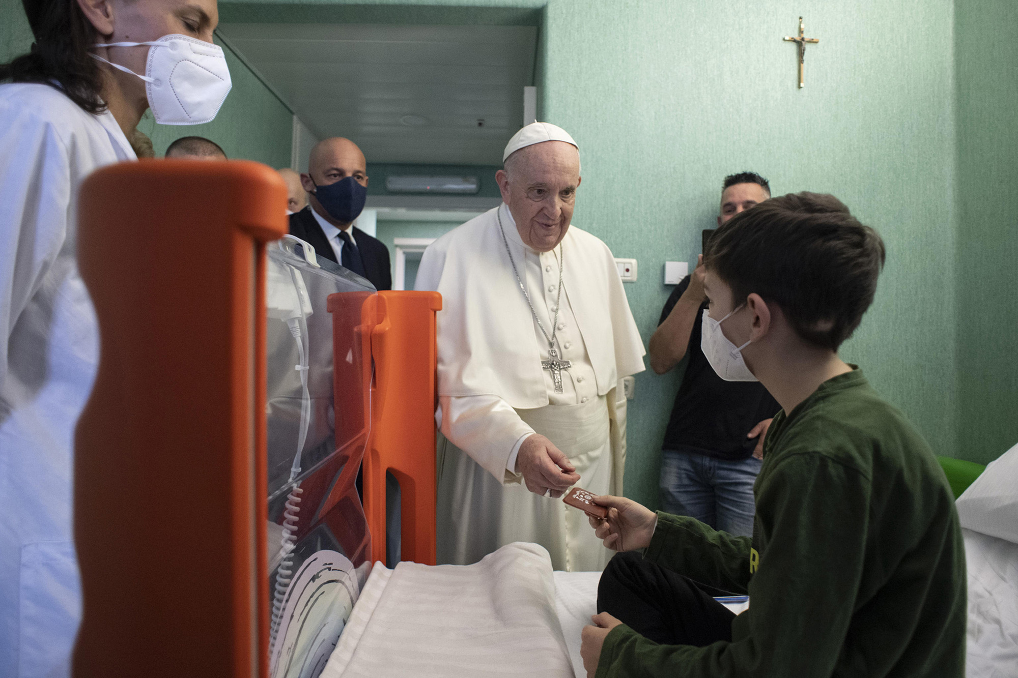Pope Francis visits with hospitalized children who arrived from Ukraine at the Bambino Gesù Pediatric Hospital in Rome, Italy, on Saturday, March 19.