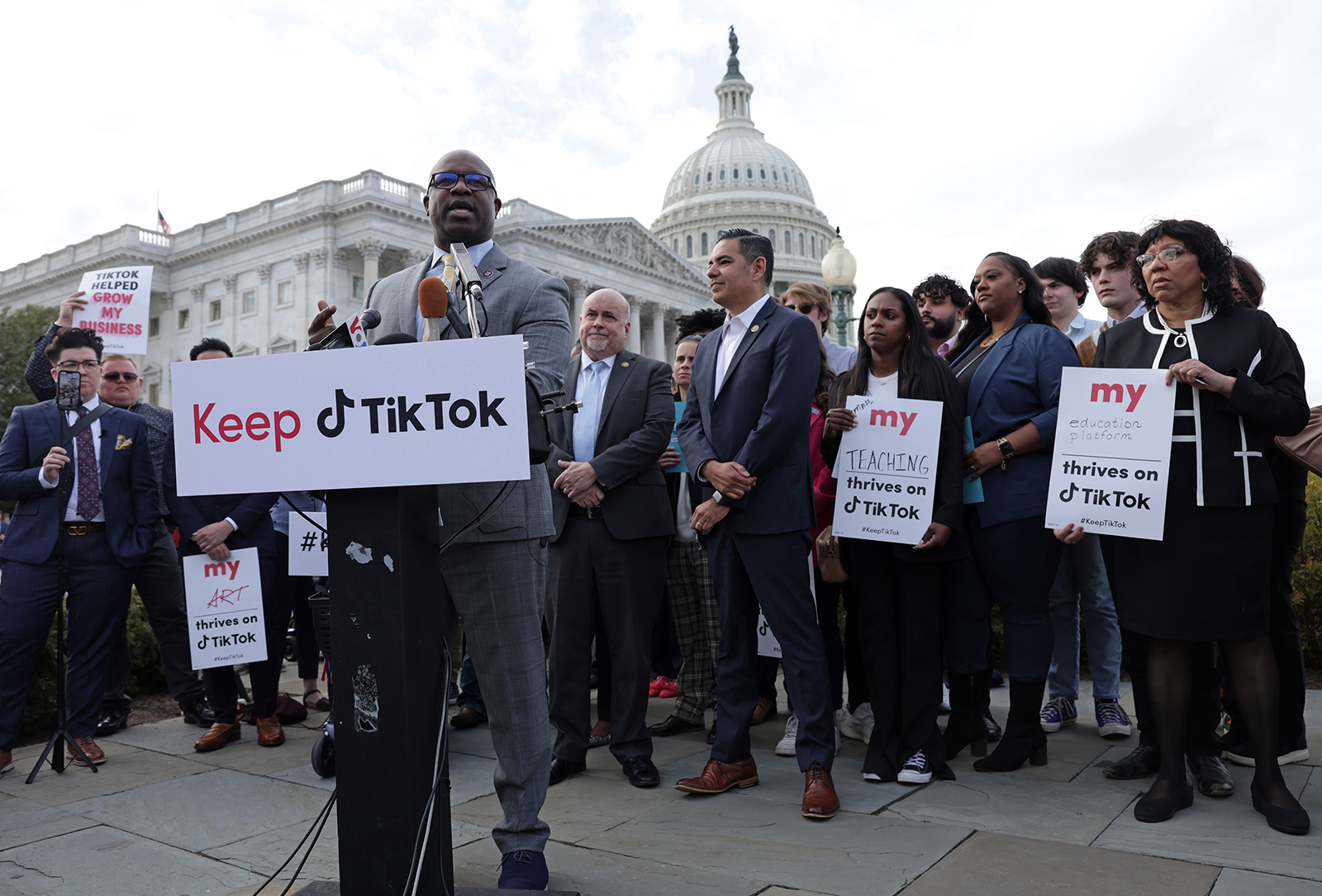  U.S. Rep. Jamaal Bowman (D-NY) speaks as Rep. Mark Pocan (D-WI), Rep. Robert Garcia (D-CA) and supporters of TikTok listen during a news conference on March 22, in Washington, DC. TikTok CEO Shou Chew will testify before the House Energy and Commerce Committee tomorrow on whether the video-sharing app is safeguarding user data on the platform. 