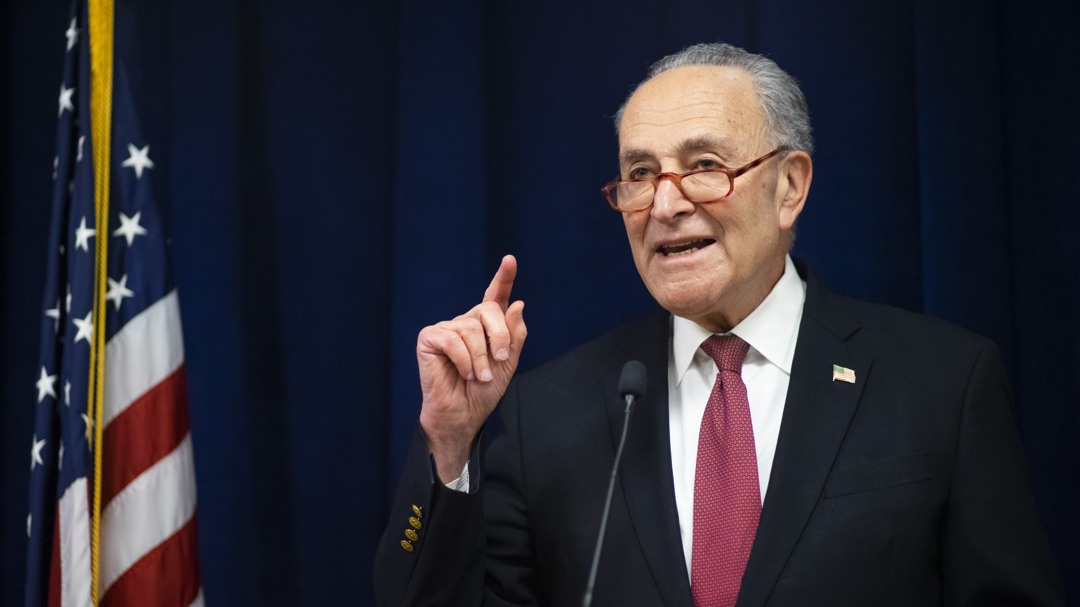 Sen. Chuck Schumer of New York speaking at his Manhattan office on February 6, 2020.