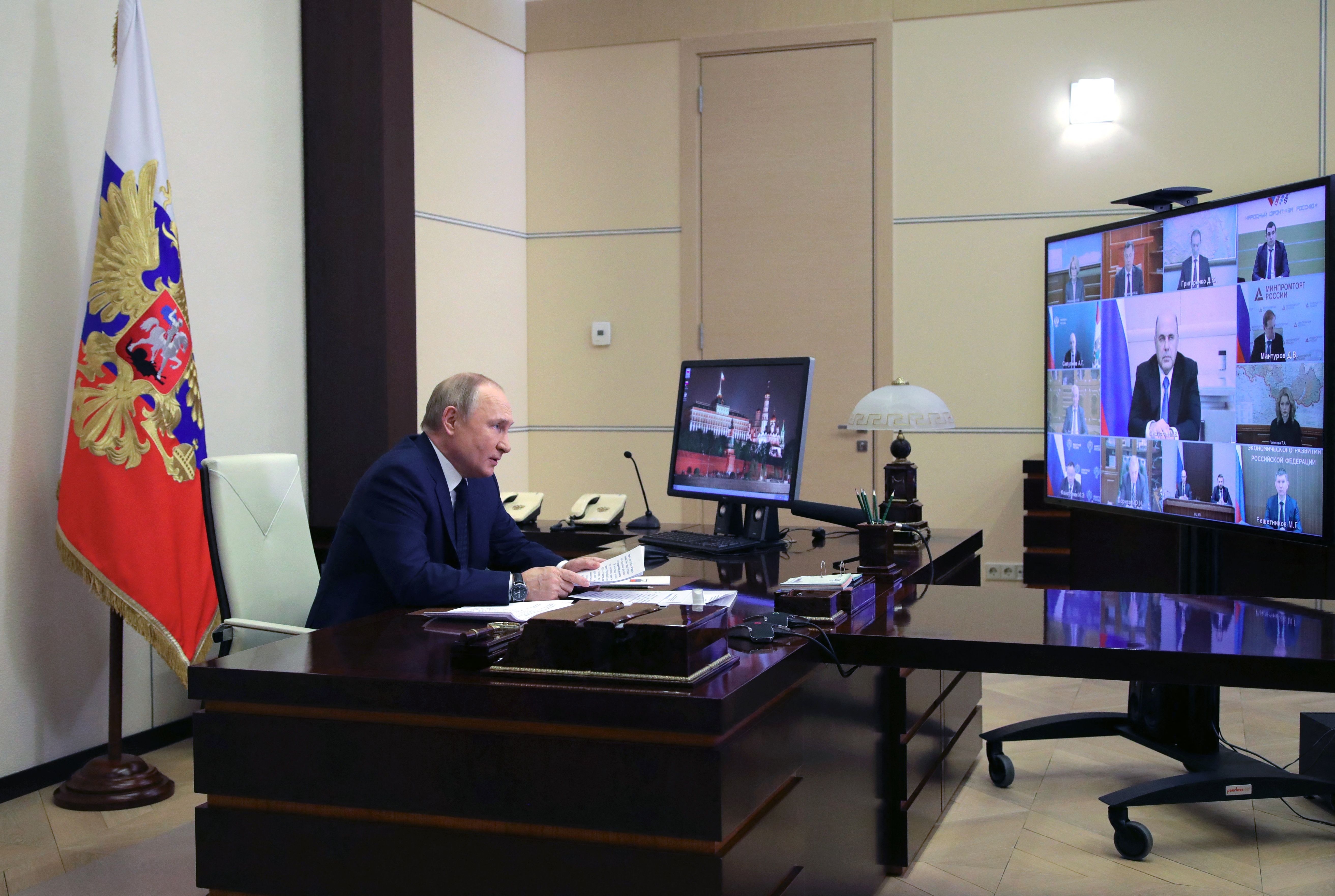 Russian President Vladimir Putin chairs a government meeting via a video link at the Novo-Ogaryovo state residence outside Moscow, Russia, on March 23.