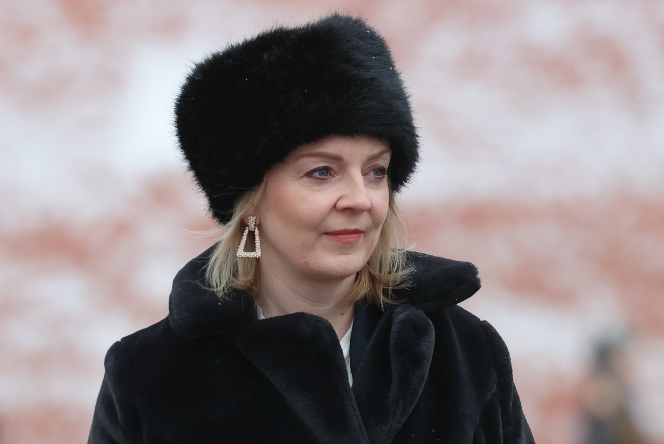 UK Foreign Secretary Elizabeth Truss is seen during a wreath laying ceremony at the Tomb of the Unknown Soldier in the Alexander Garden, Moscow, on February 10. 