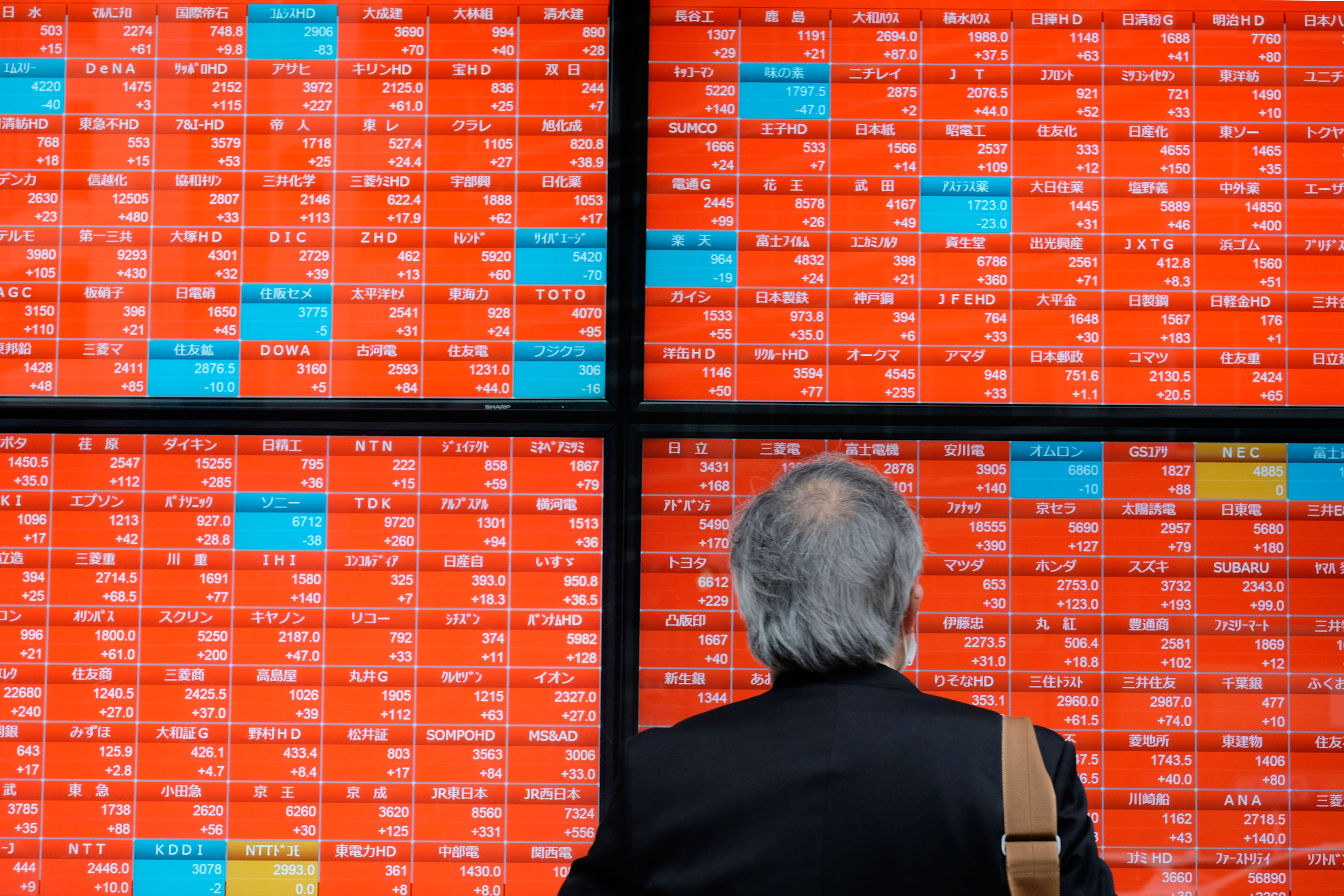 A man looks at a display of stock prices from the Tokyo Stock Exchange on May 26 in Tokyo.