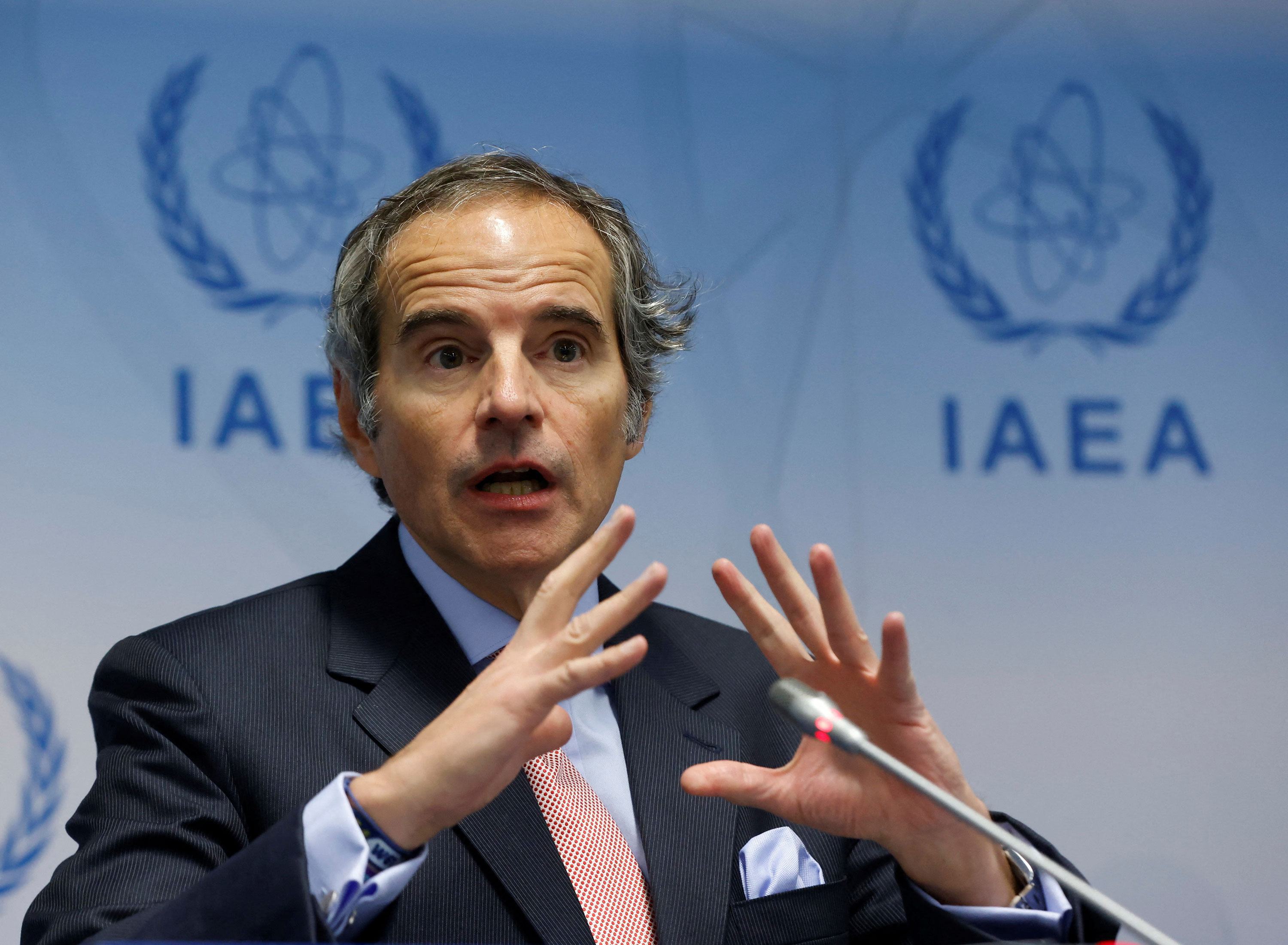 Rafael Grossi, the director general of the International Atomic Energy Agency (IAEA), speaks at a news conference in Vienna, Austria, on March 6. (Leonhard Foeger/Reuters)