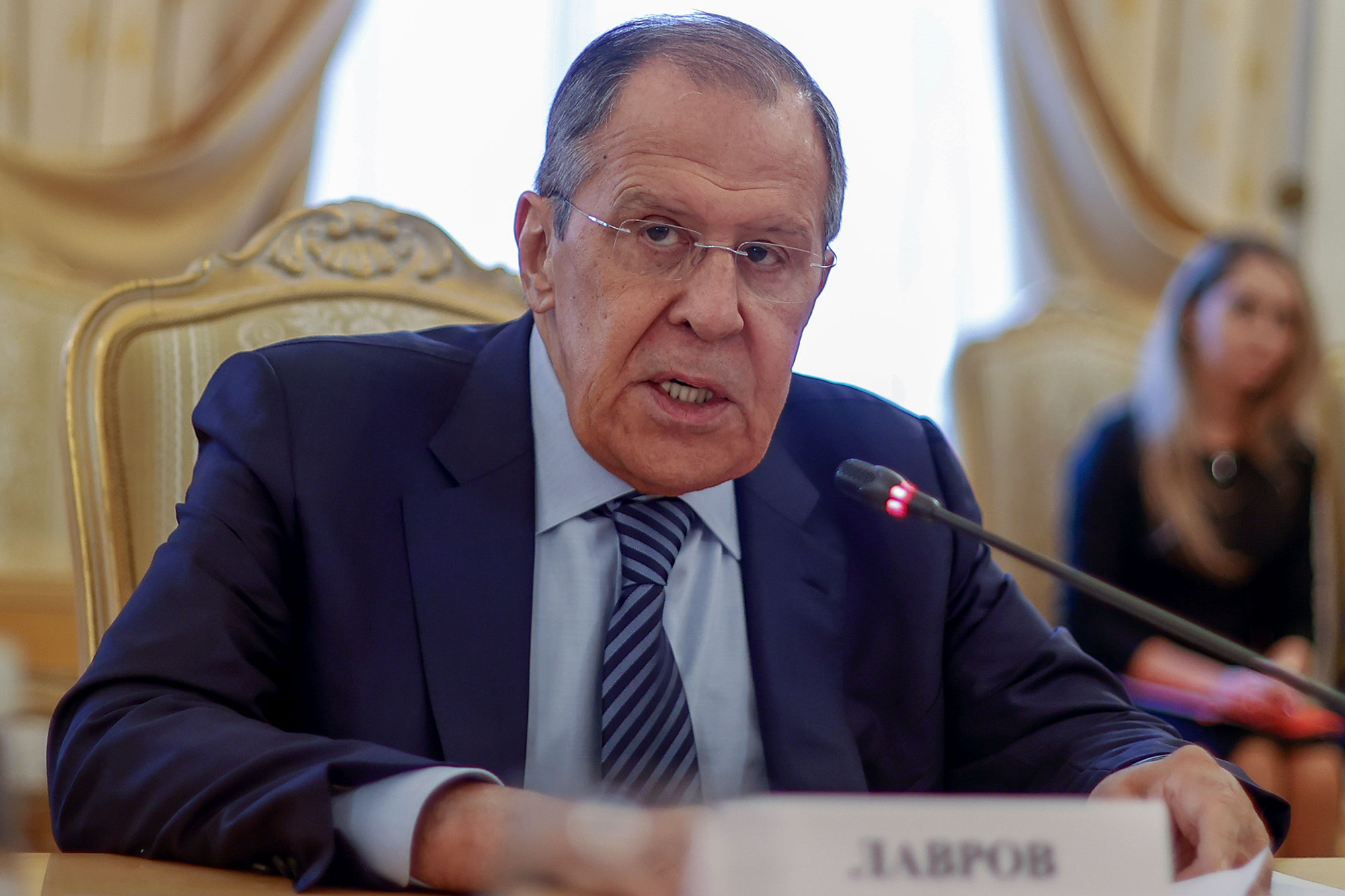 Russian Foreign Minister Sergey Lavrov speaks at a council meeting in Moscow, Russia, on November 18. 