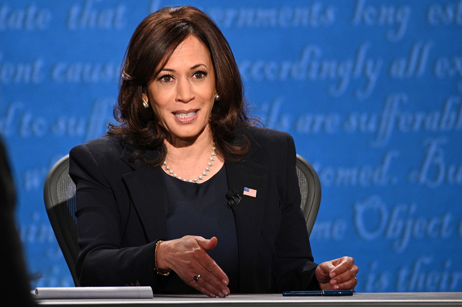 Democratic vice presidential nominee Kamala Harris gestures as she speaks during the vice presidential debate in Salt Lake City on Wednesday.