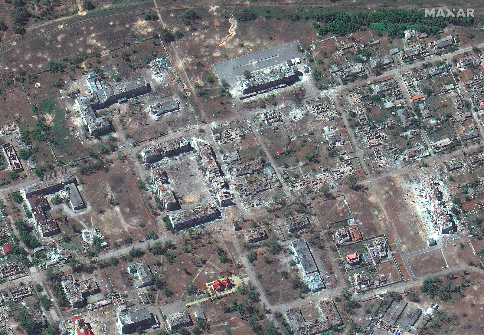 This satellite image provided by Maxar Technologies shows destroyed buildings in Rubizhne, Ukraine near Severodonetsk, on Monday, June 6.