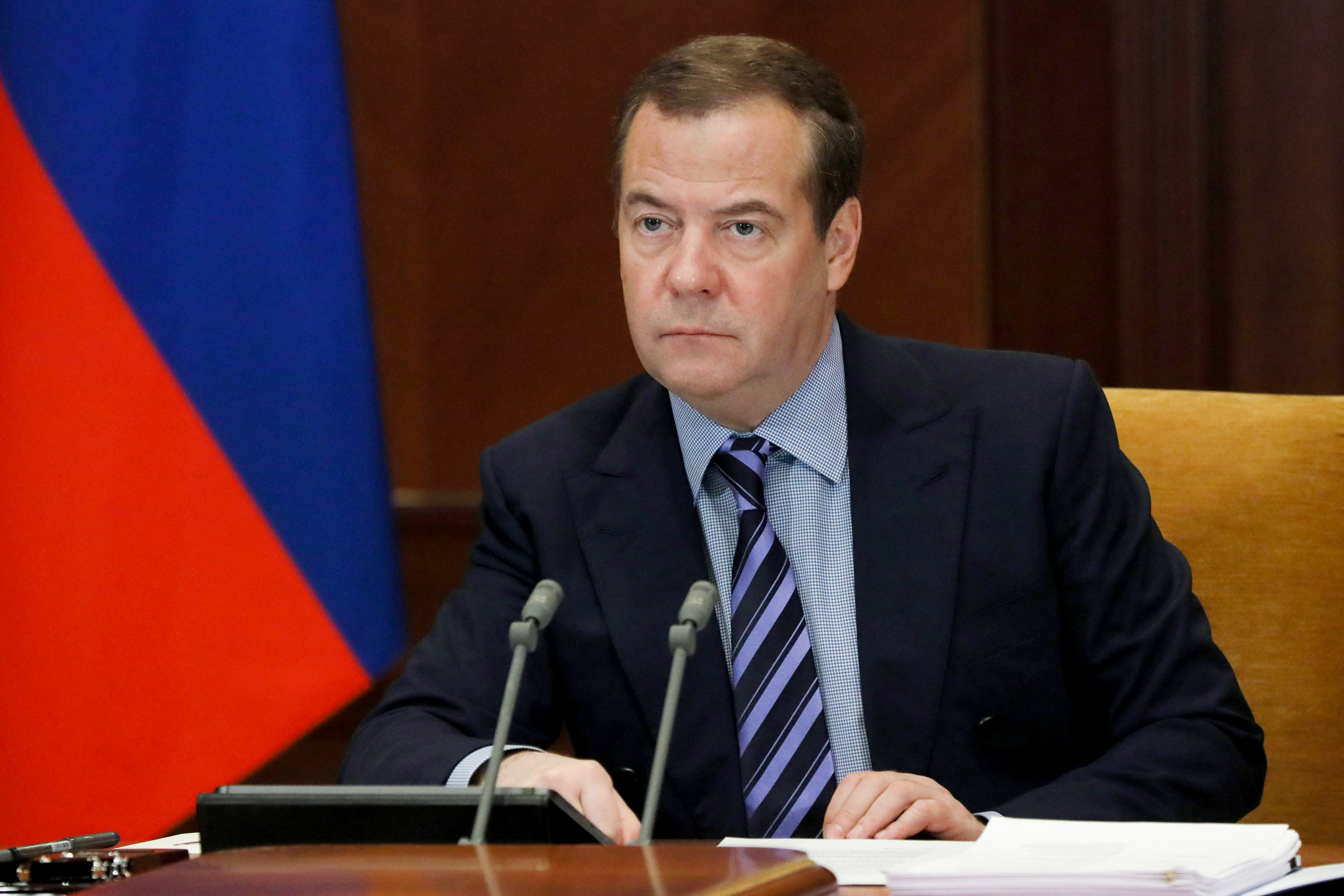 Dmitry Medvedev, chairman of the United Russia Party, deputy chairman of the Russian Security Council, holds a meeting of the Presidium of the Russian Presidential Council on Science and Education via a video link from his Gorki, Russia, residence on January 27.