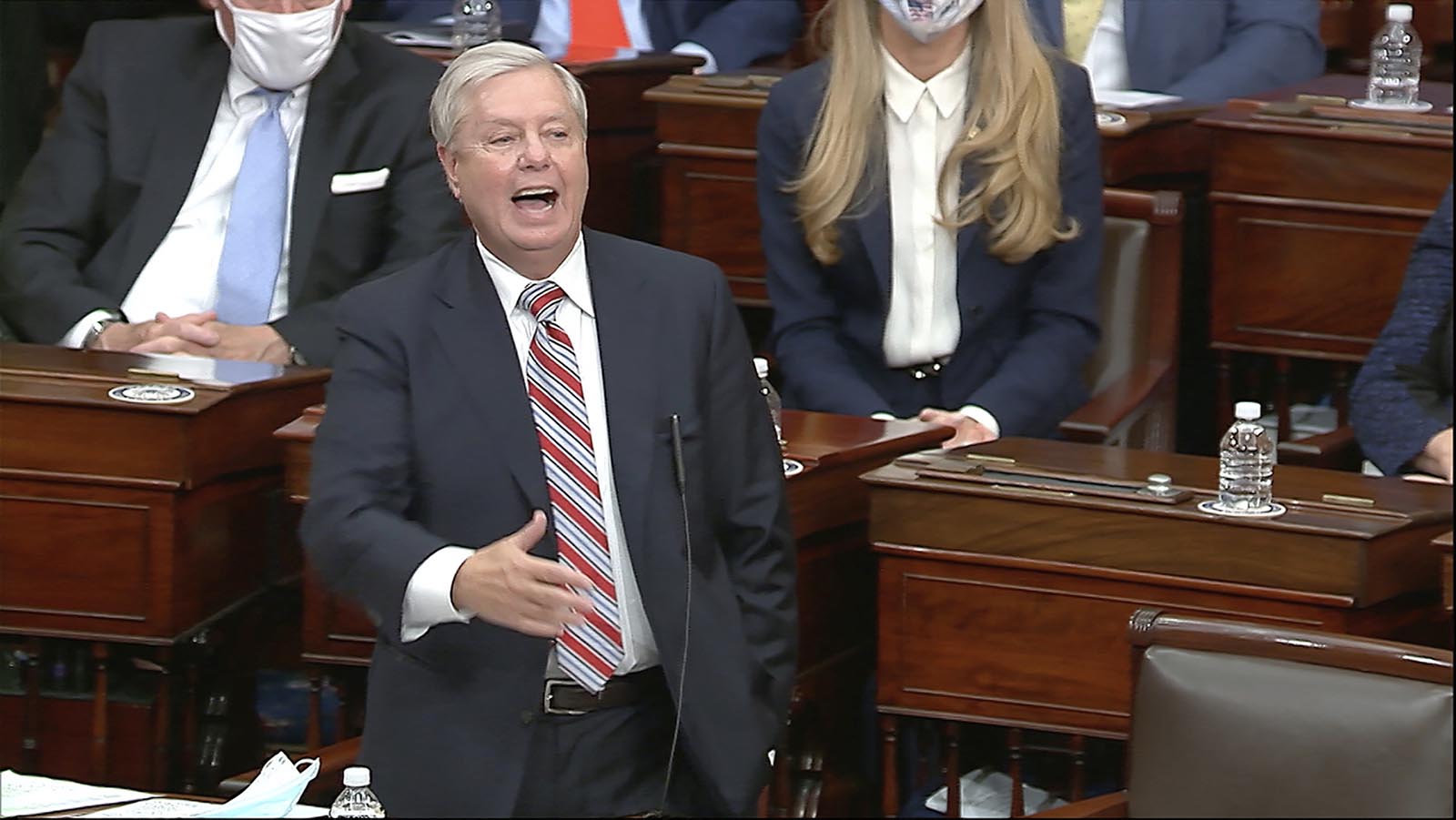 In this image from video, Sen. Lindsey Graham of South Carolina speaks as the Senate reconvenes to debate the objection to confirm the Electoral College Vote from Arizona, after protesters stormed into the U.S. Capitol on Wednesday, January 6. 