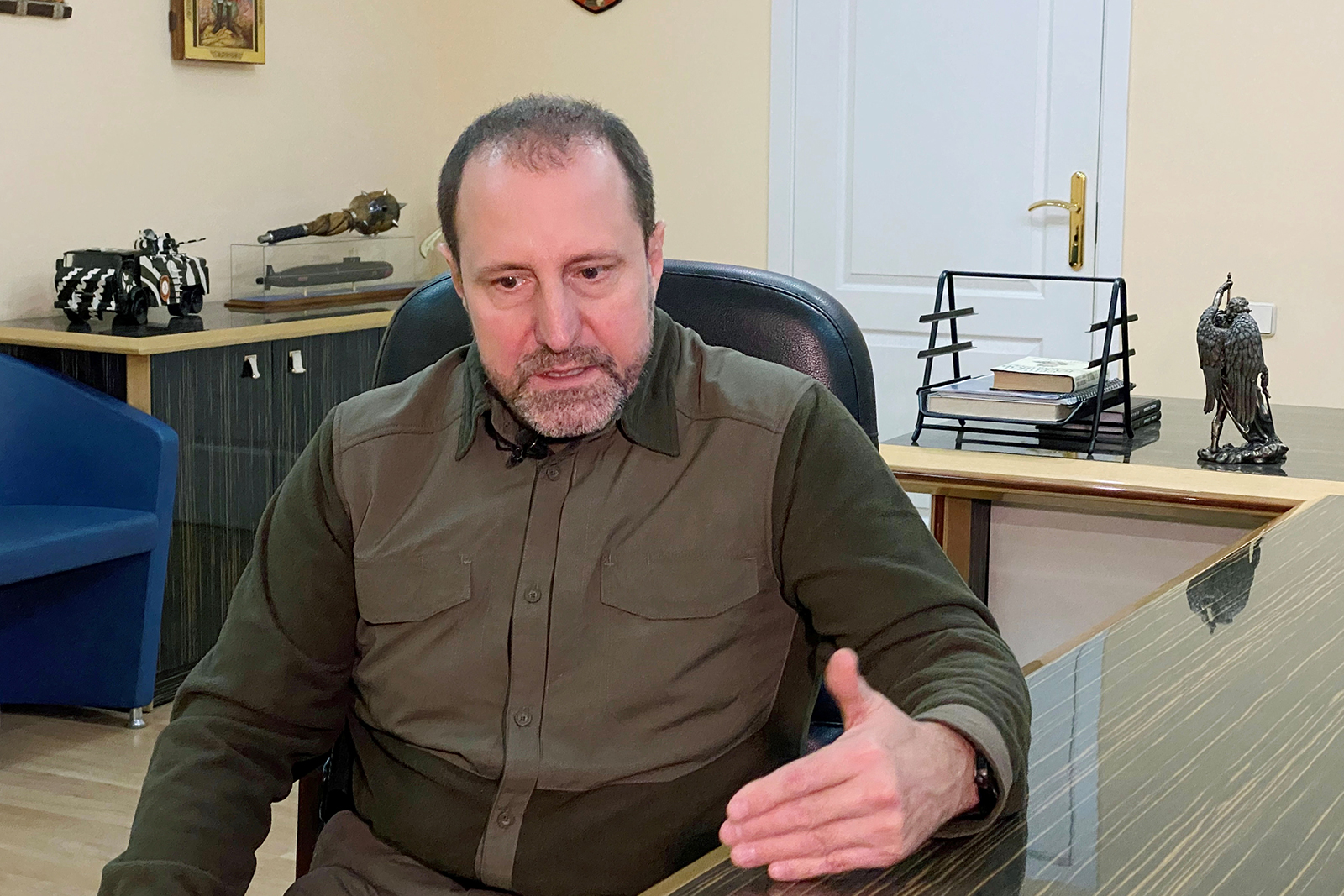 Alexander Khodakovsky attends an interview in Donetsk on February 4.