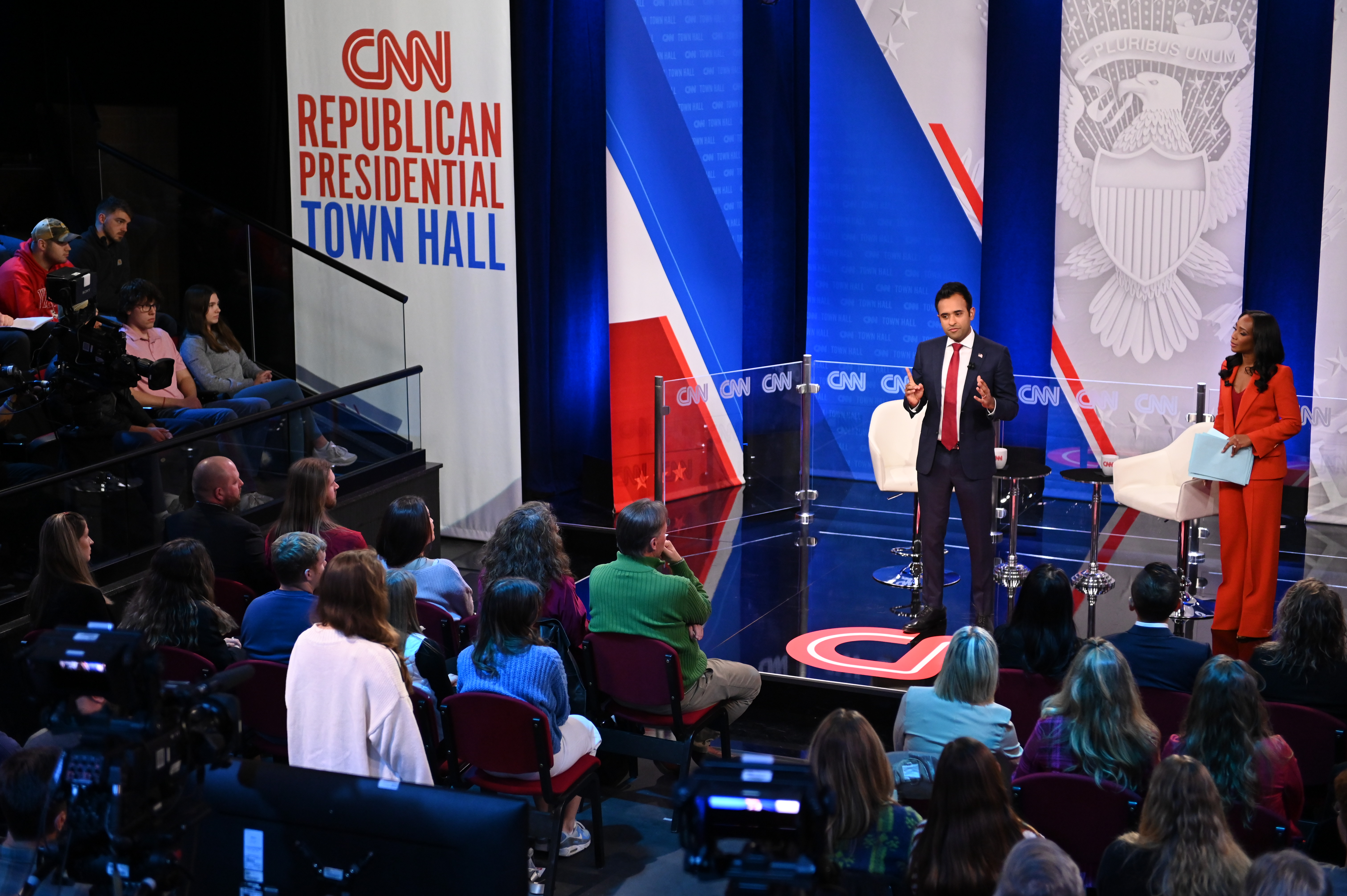 Republican presidential candidate Vivek Ramaswamy participates in a CNN Republican Town Hall moderated by CNN’s Abby Phillip at Grand View University in Des Moines, Iowa, on Wednesday, December 13, 2023.